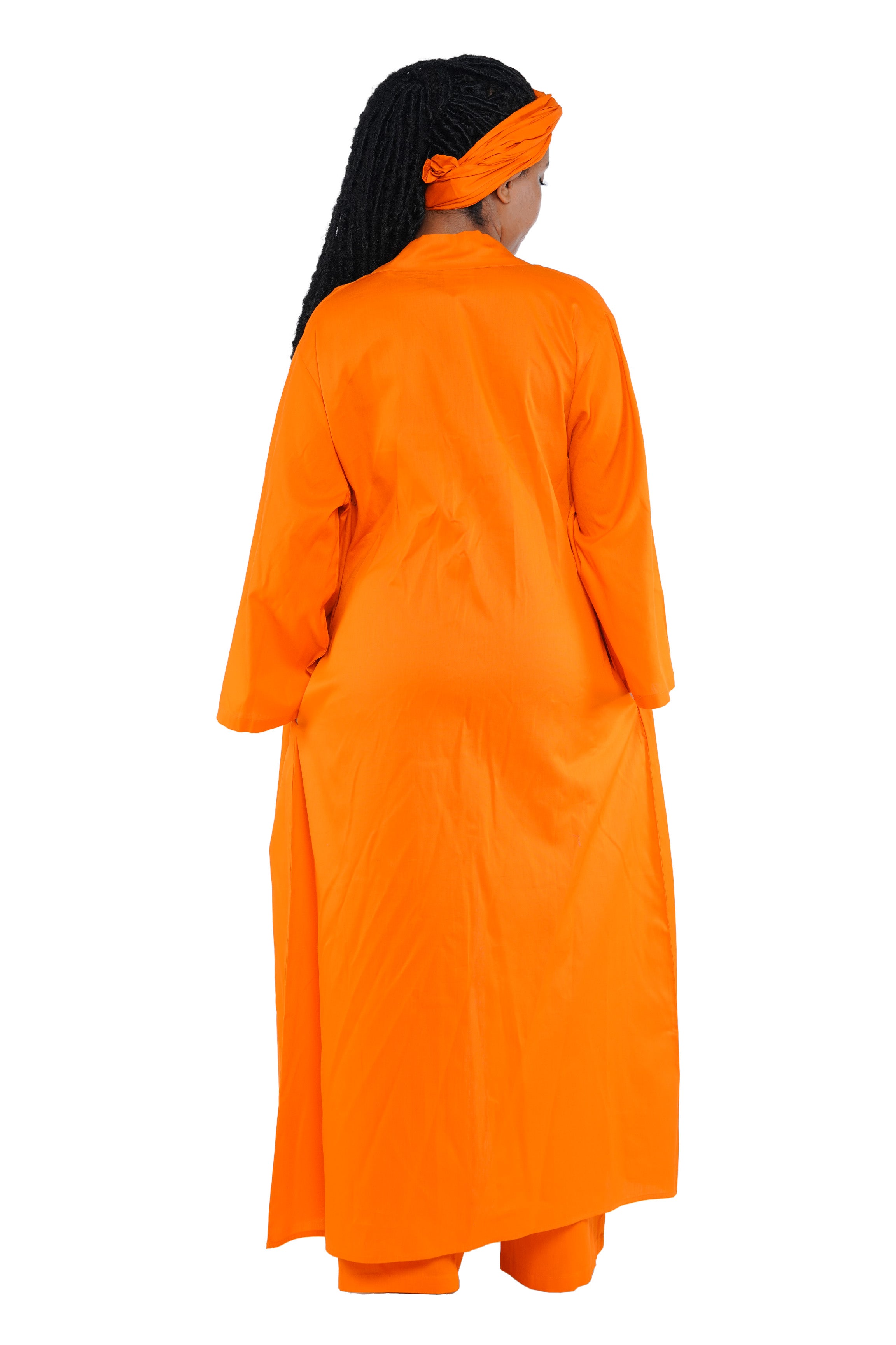 Orange 3-Piece Set for Women–Smocked Top, Pants, and Kimono with Head Wrap