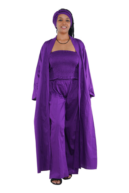Purple 3-Piece Set for Women–Smocked Top, Pants, and Kimono with Head Wrap