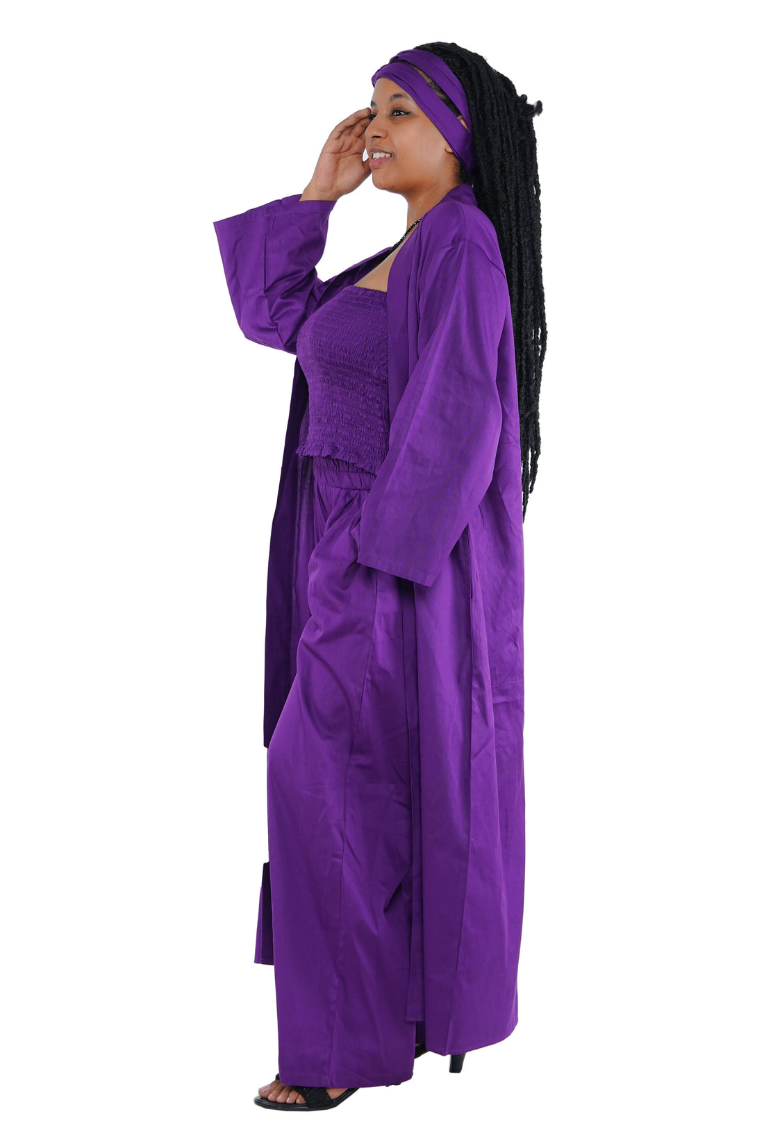 Purple 3-Piece Set for Women–Smocked Top, Pants, and Kimono with Head Wrap