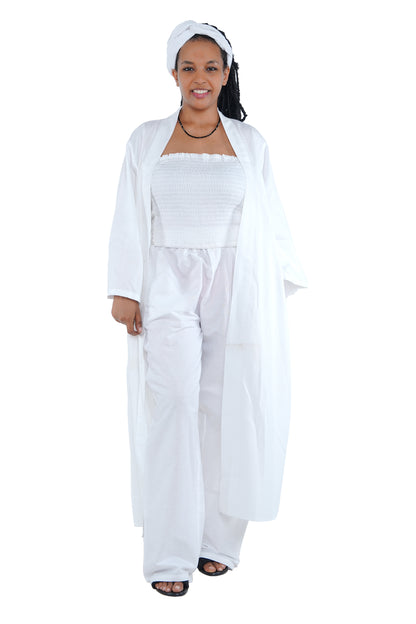 White 3-Piece Set for Women–Smocked Top, Pants, and Kimono with Head Wrap