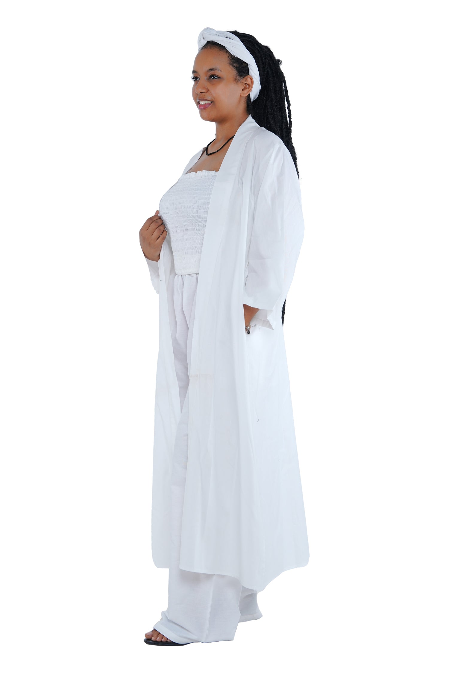 White 3-Piece Set for Women–Smocked Top, Pants, and Kimono with Head Wrap