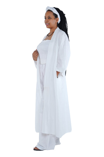 White 3-Piece Set for Women–Smocked Top, Pants, and Kimono with Head Wrap