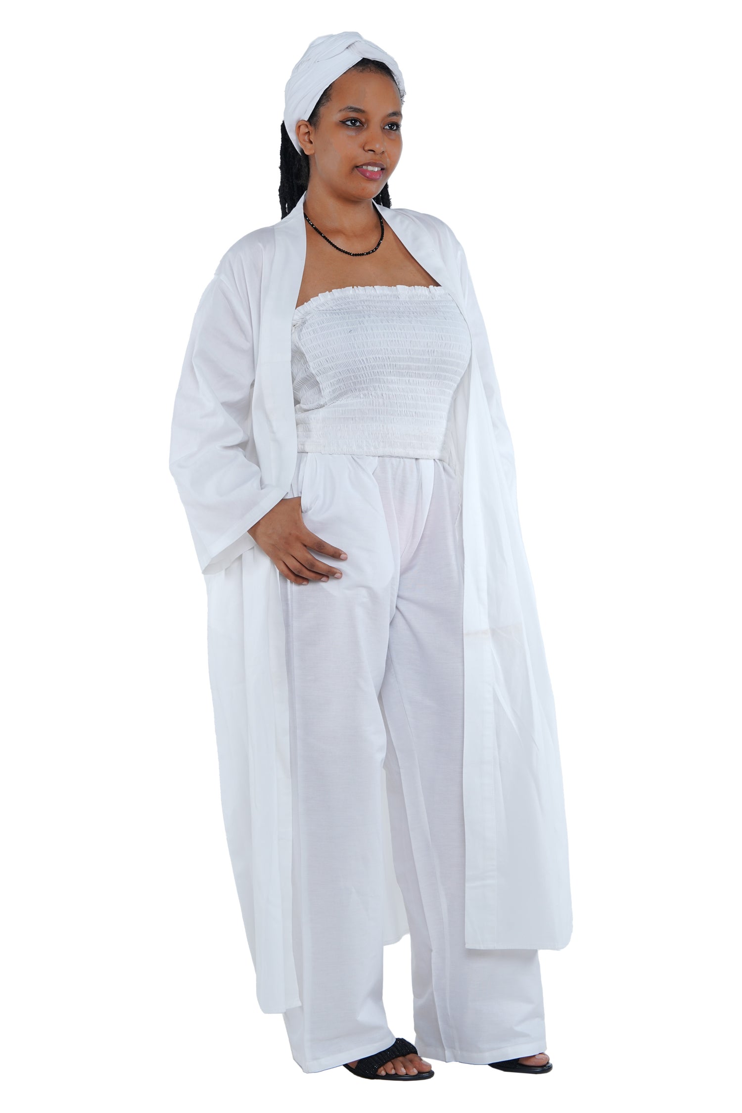 White 3-Piece Set for Women–Smocked Top, Pants, and Kimono with Head Wrap