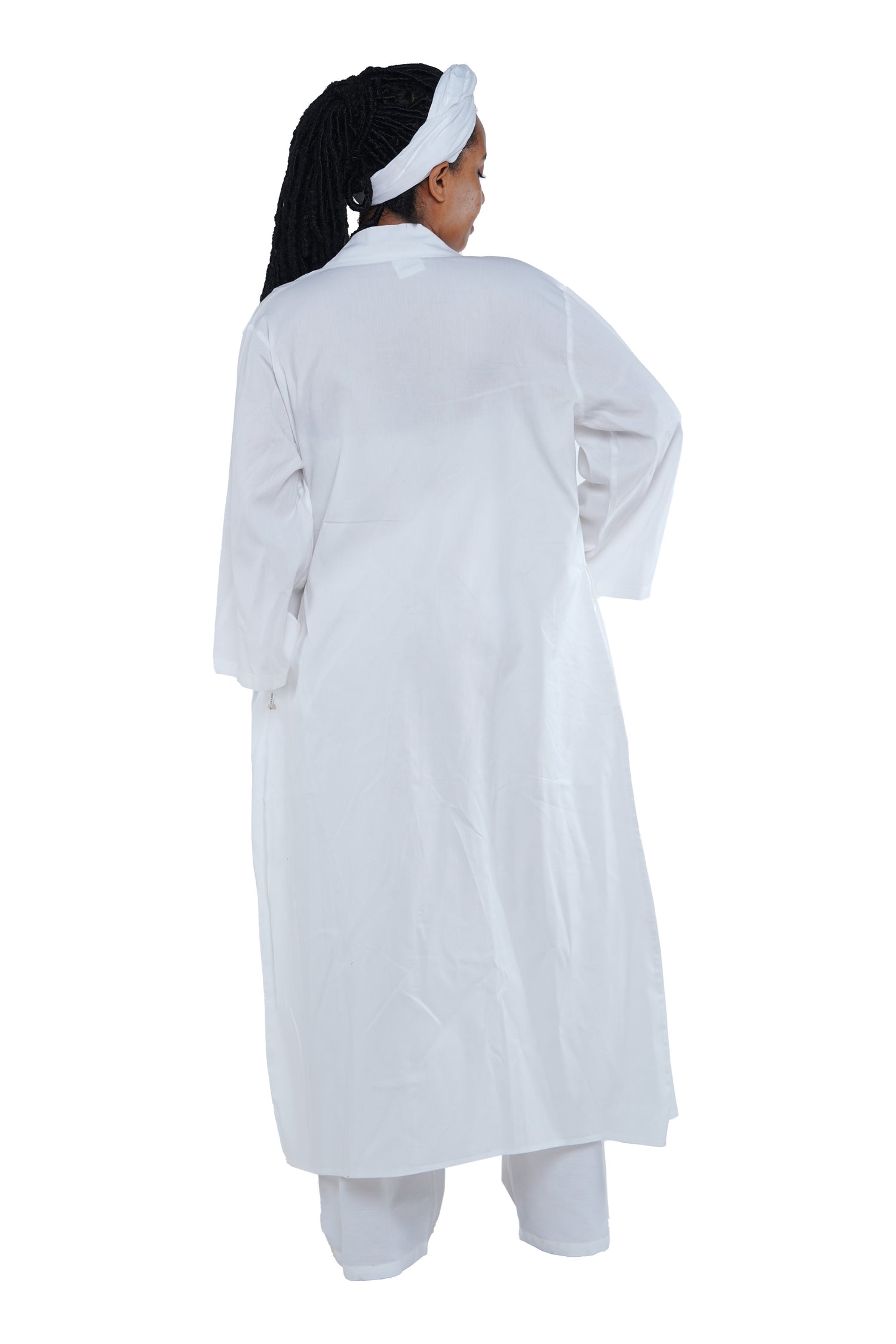 White 3-Piece Set for Women–Smocked Top, Pants, and Kimono with Head Wrap