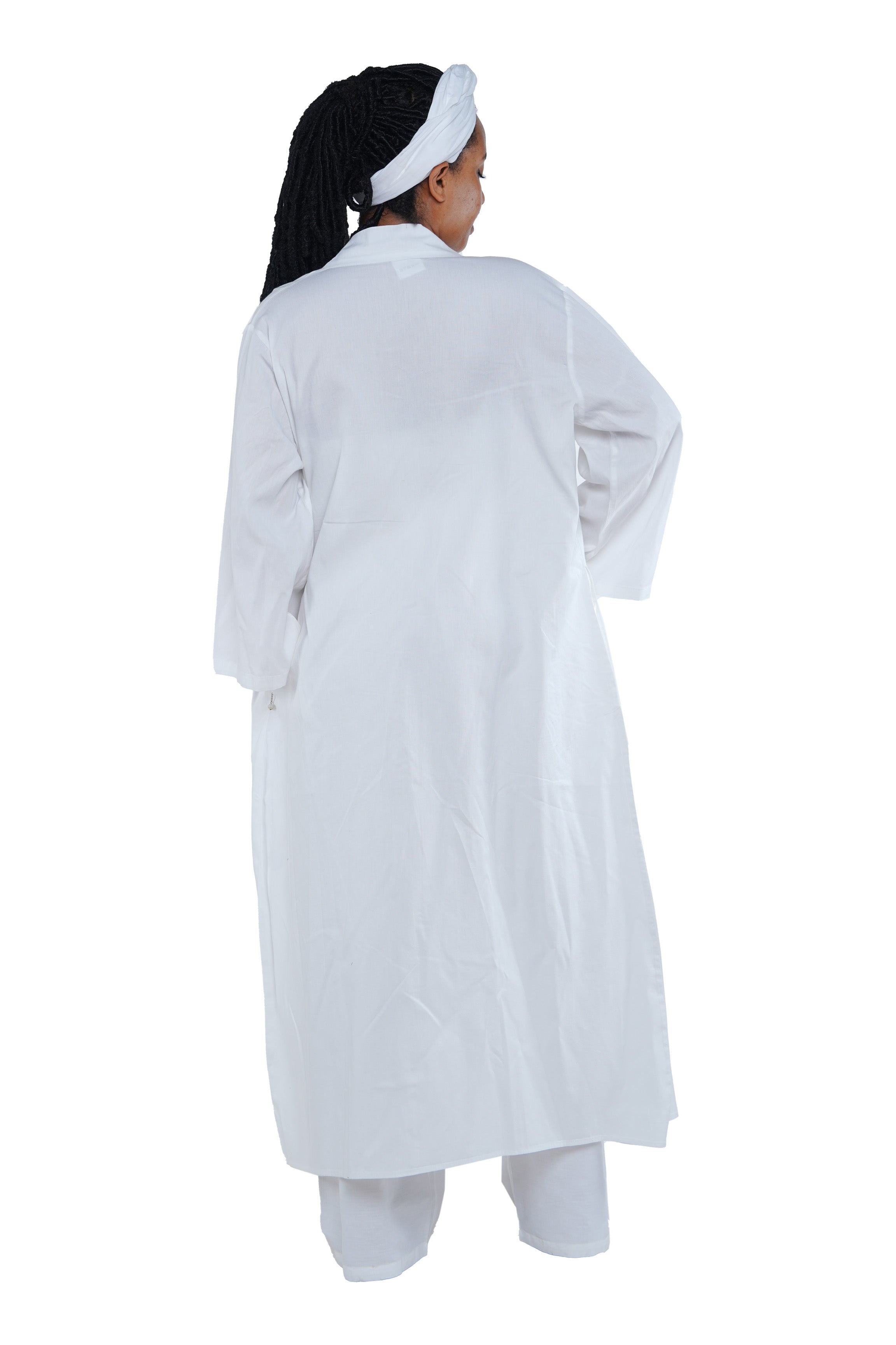 White 3-Piece Set for Women–Smocked Top, Pants, and Kimono with Head Wrap