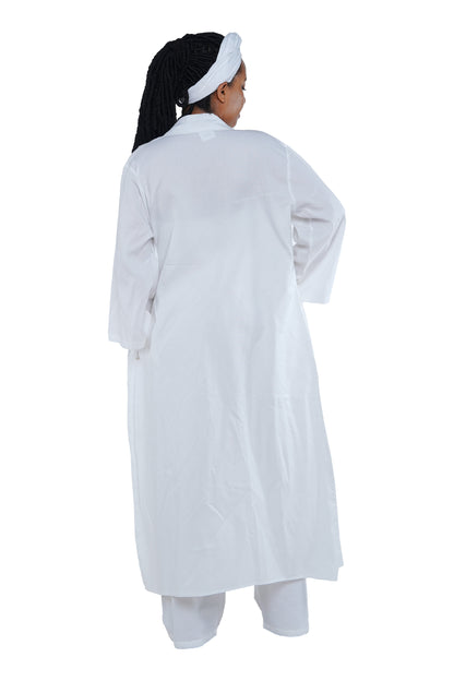 White 3-Piece Set for Women–Smocked Top, Pants, and Kimono with Head Wrap