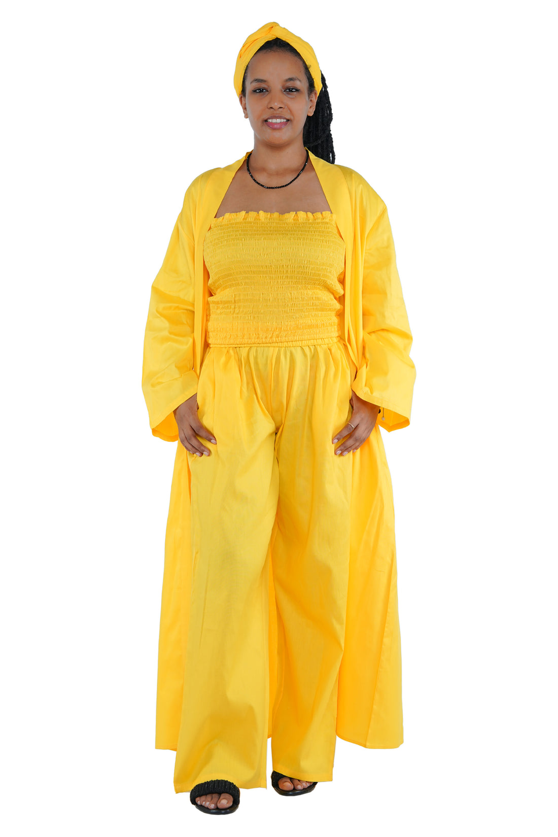 Yellow 3-Piece Set for Women–Smocked Top, Pants, and Kimono with Head Wrap