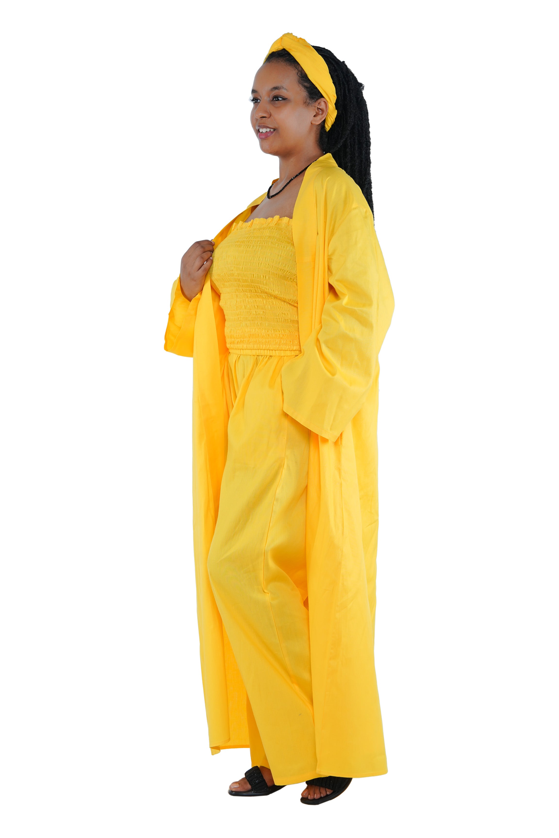 Yellow 3-Piece Set for Women–Smocked Top, Pants, and Kimono with Head Wrap