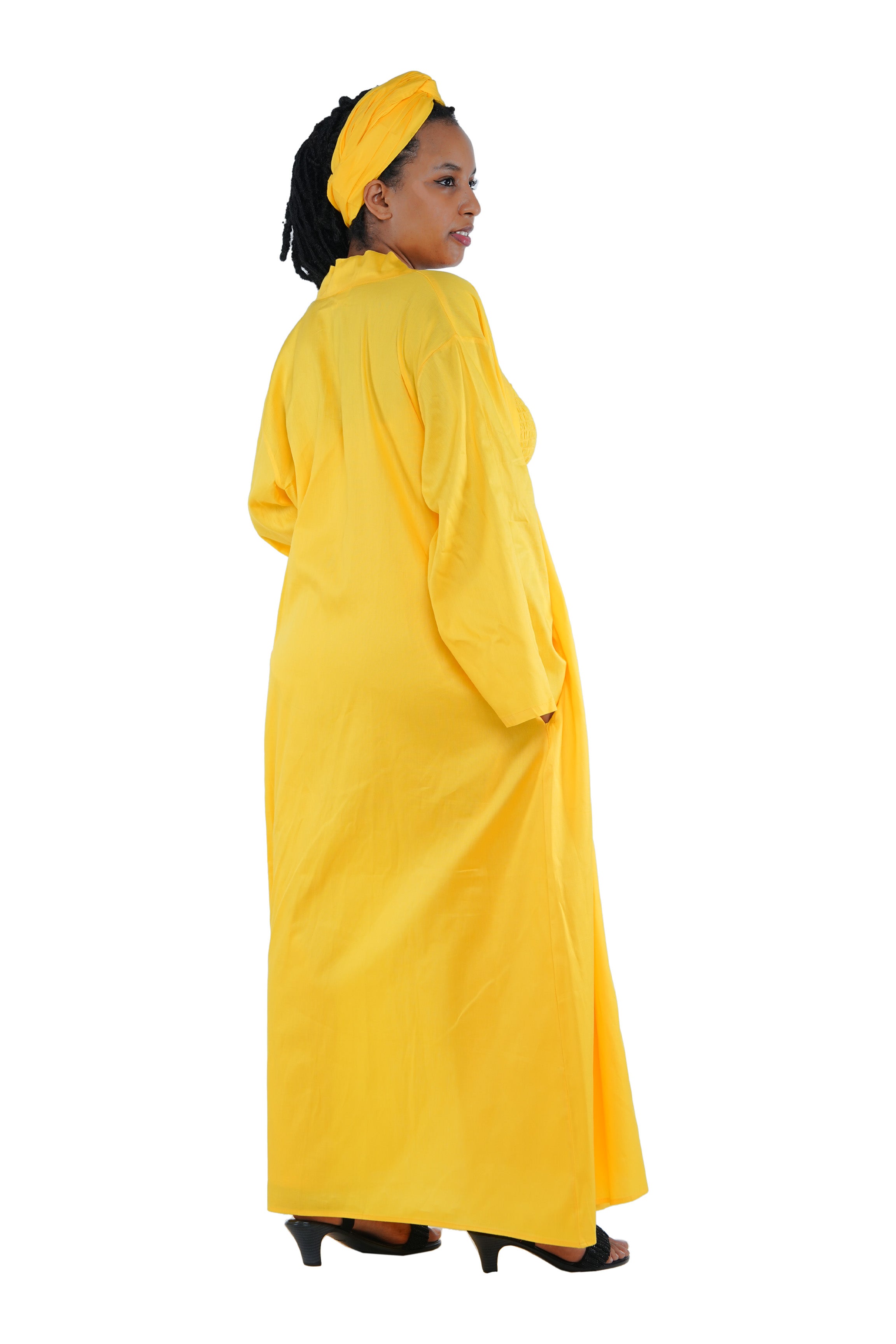 Yellow 3-Piece Set for Women–Smocked Top, Pants, and Kimono with Head Wrap