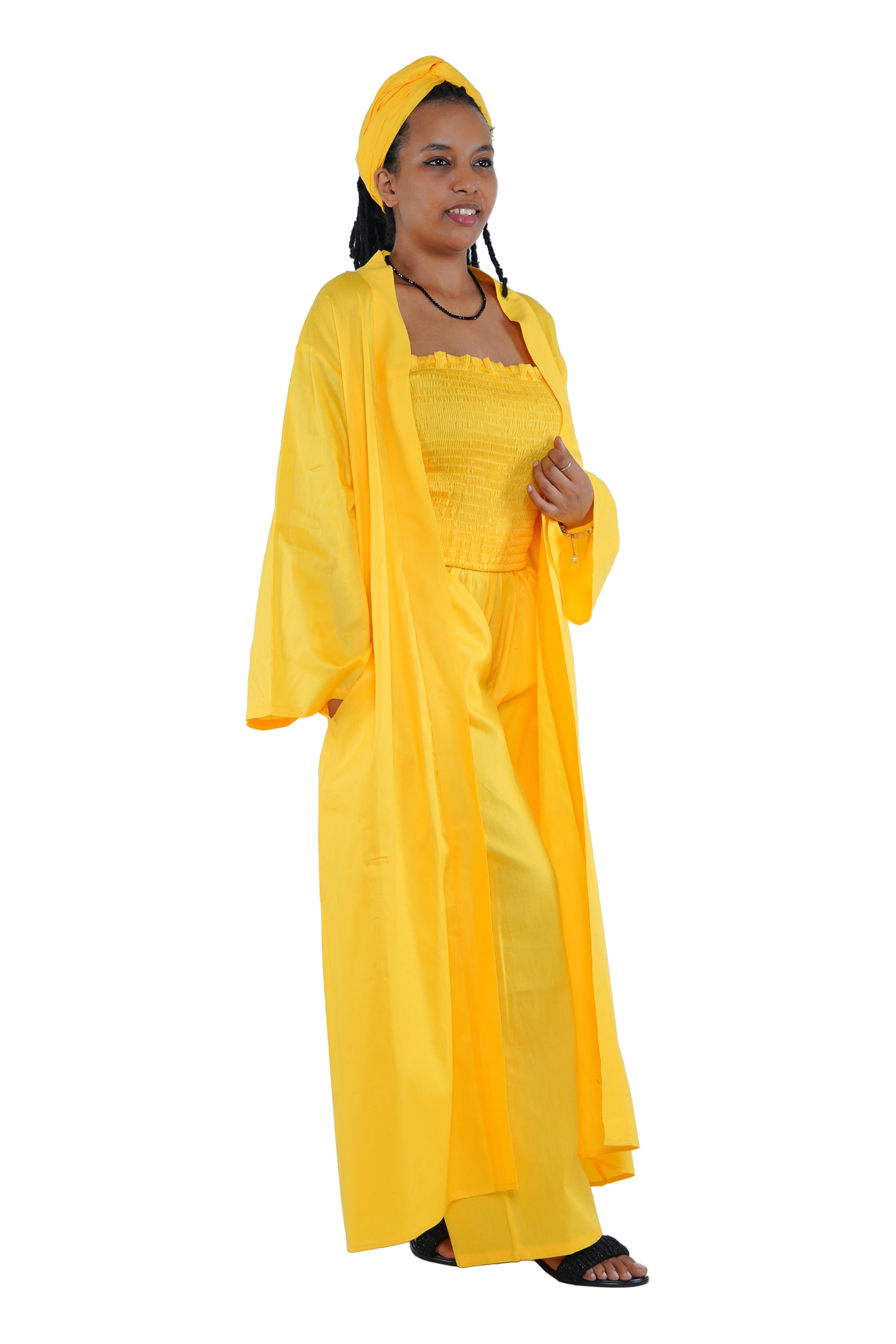 Yellow 3-Piece Set for Women–Smocked Top, Pants, and Kimono with Head Wrap