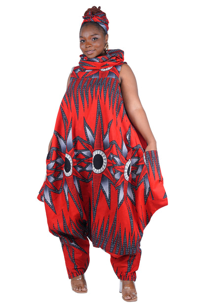 African Long High Neck Jumpsuit with Headwrap – 100% Cotton, Pockets