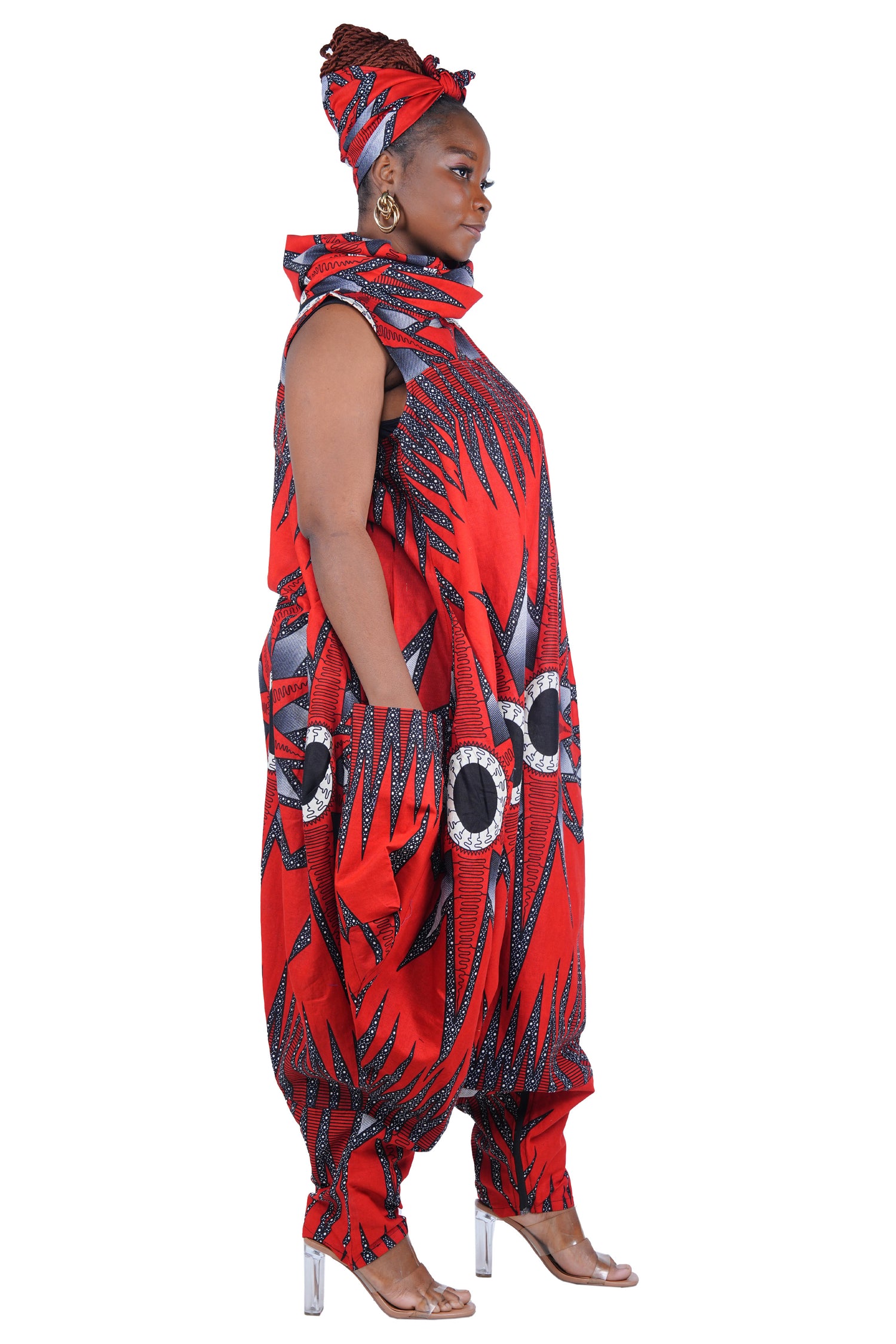African Long High Neck Jumpsuit with Headwrap – 100% Cotton, Pockets
