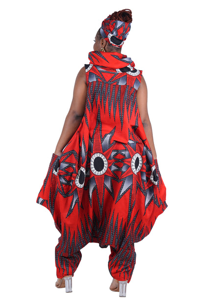 African Long High Neck Jumpsuit with Headwrap – 100% Cotton, Pockets