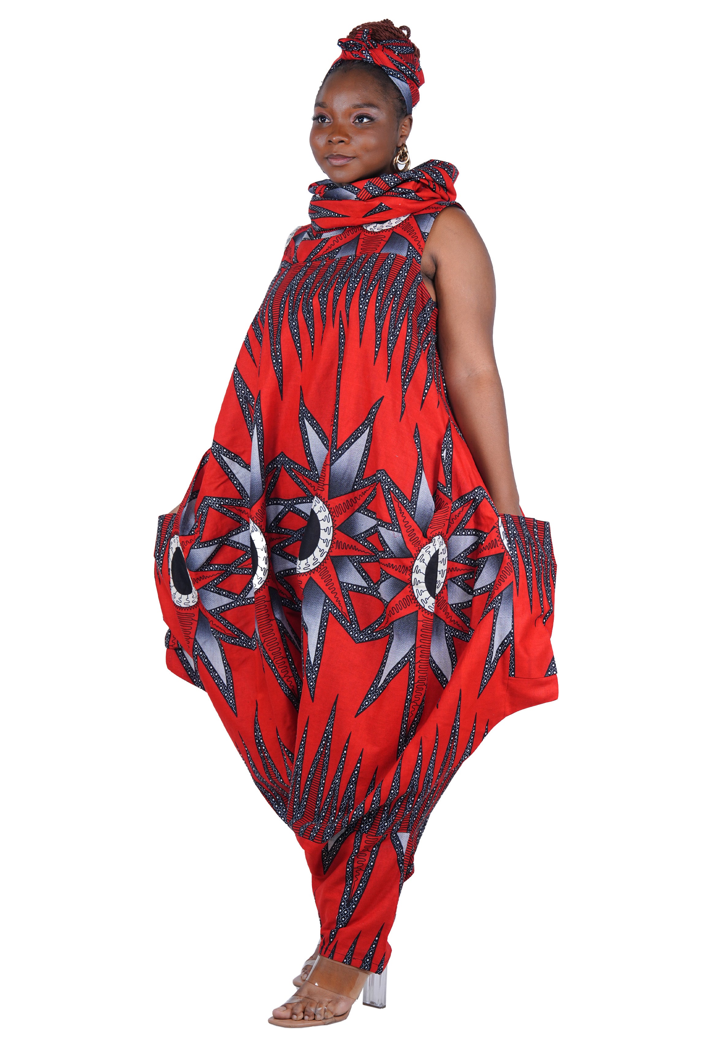 African Long High Neck Jumpsuit with Headwrap – 100% Cotton, Pockets