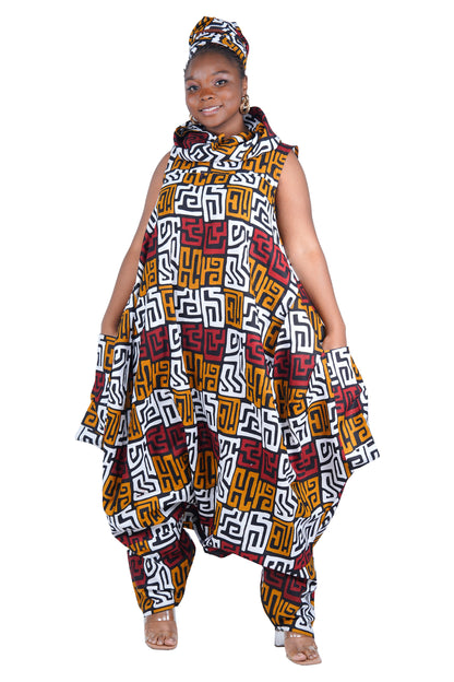 African Long High Neck Jumpsuit with Headwrap – 100% Cotton, Pockets