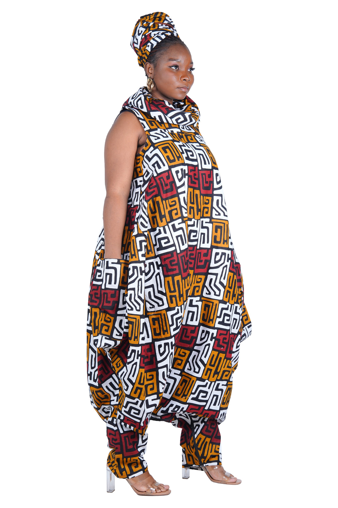 African Long High Neck Jumpsuit with Headwrap – 100% Cotton, Pockets