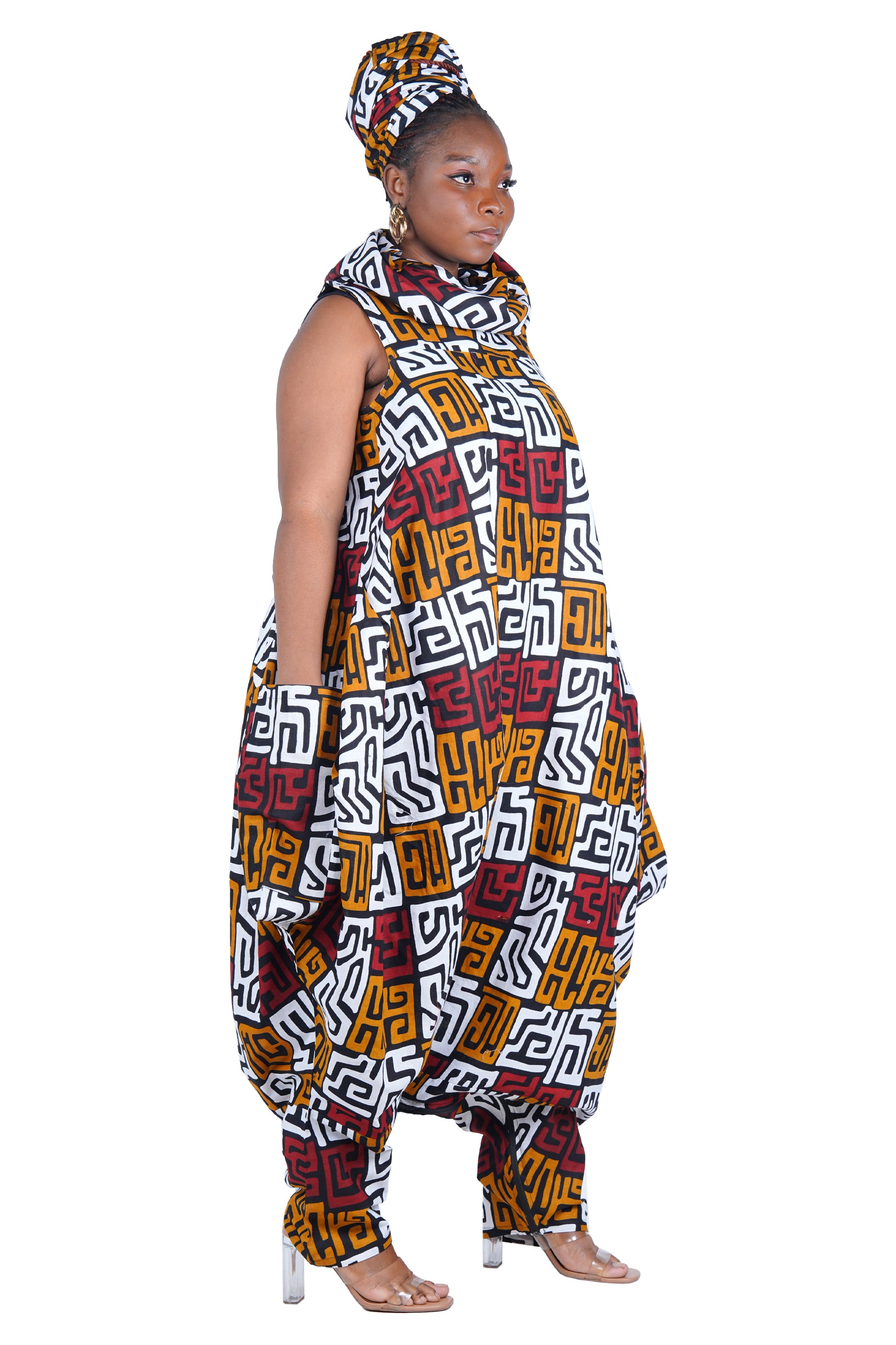 African Long High Neck Jumpsuit with Headwrap – 100% Cotton, Pockets