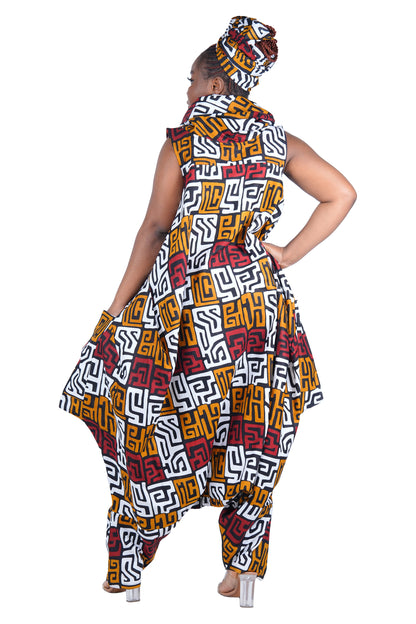 African Long High Neck Jumpsuit with Headwrap – 100% Cotton, Pockets