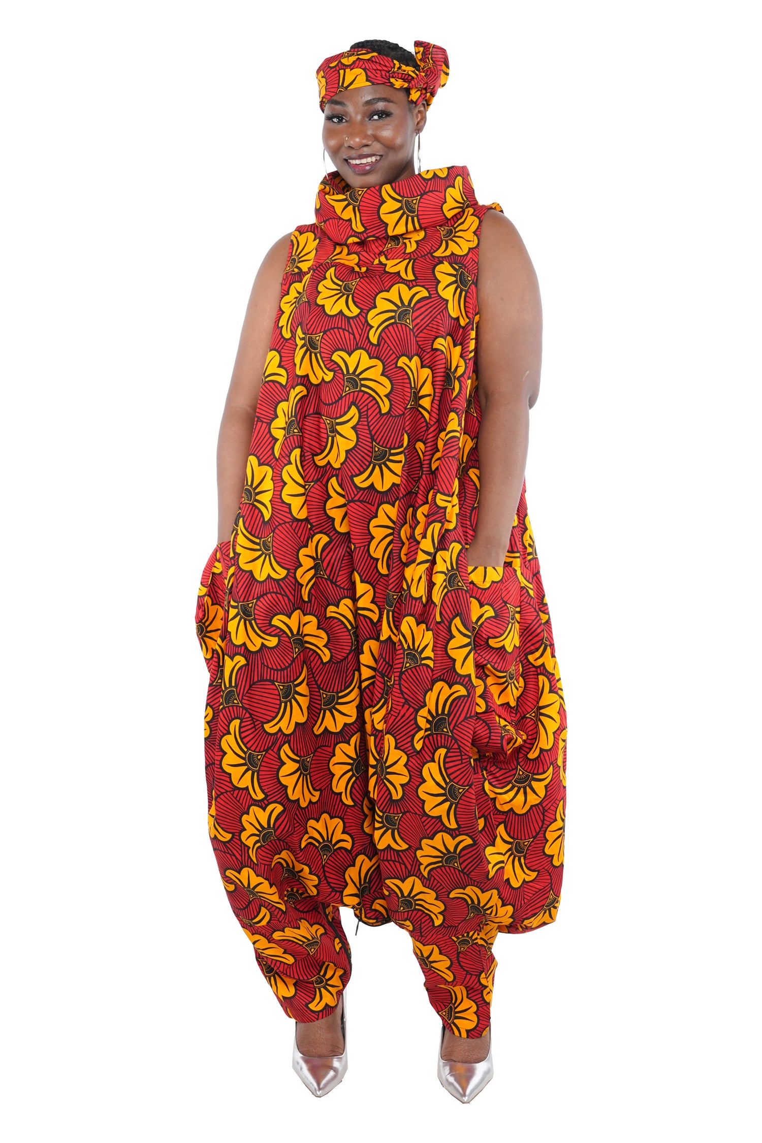 African Long High Neck Jumpsuit with Headwrap – 100% Cotton, Pockets