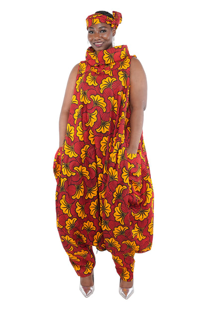 African Long High Neck Jumpsuit with Headwrap – 100% Cotton, Pockets