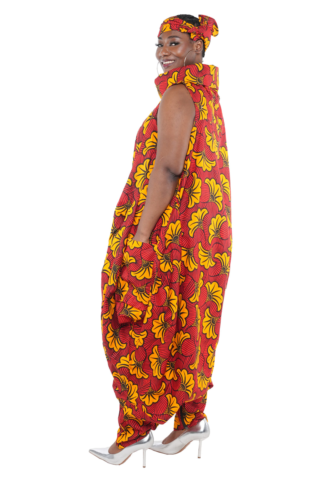 African Long High Neck Jumpsuit with Headwrap – 100% Cotton, Pockets