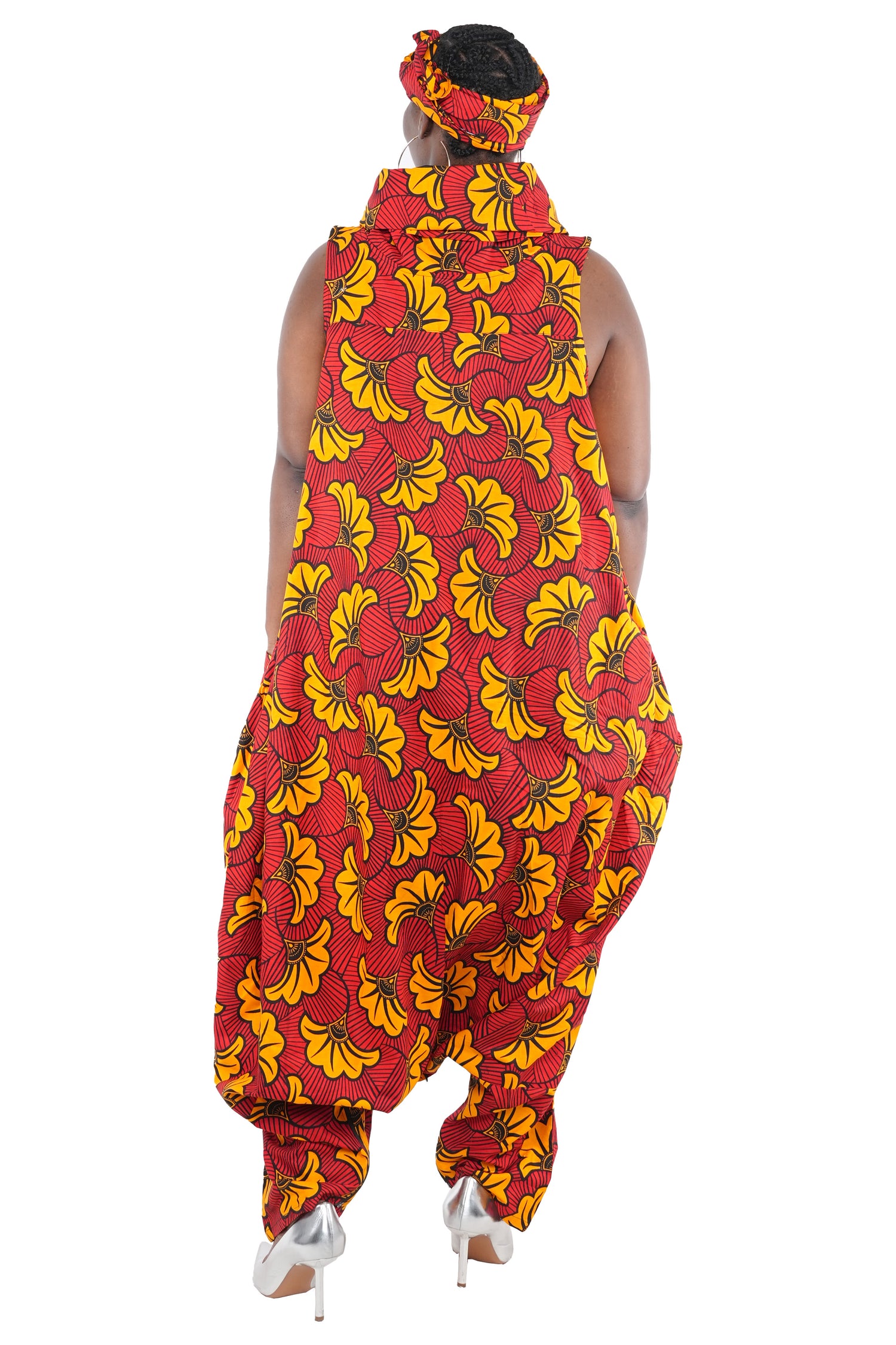 African Long High Neck Jumpsuit with Headwrap – 100% Cotton, Pockets