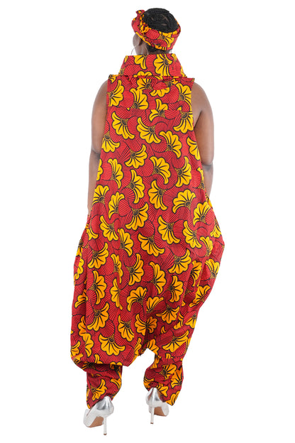 African Long High Neck Jumpsuit with Headwrap – 100% Cotton, Pockets