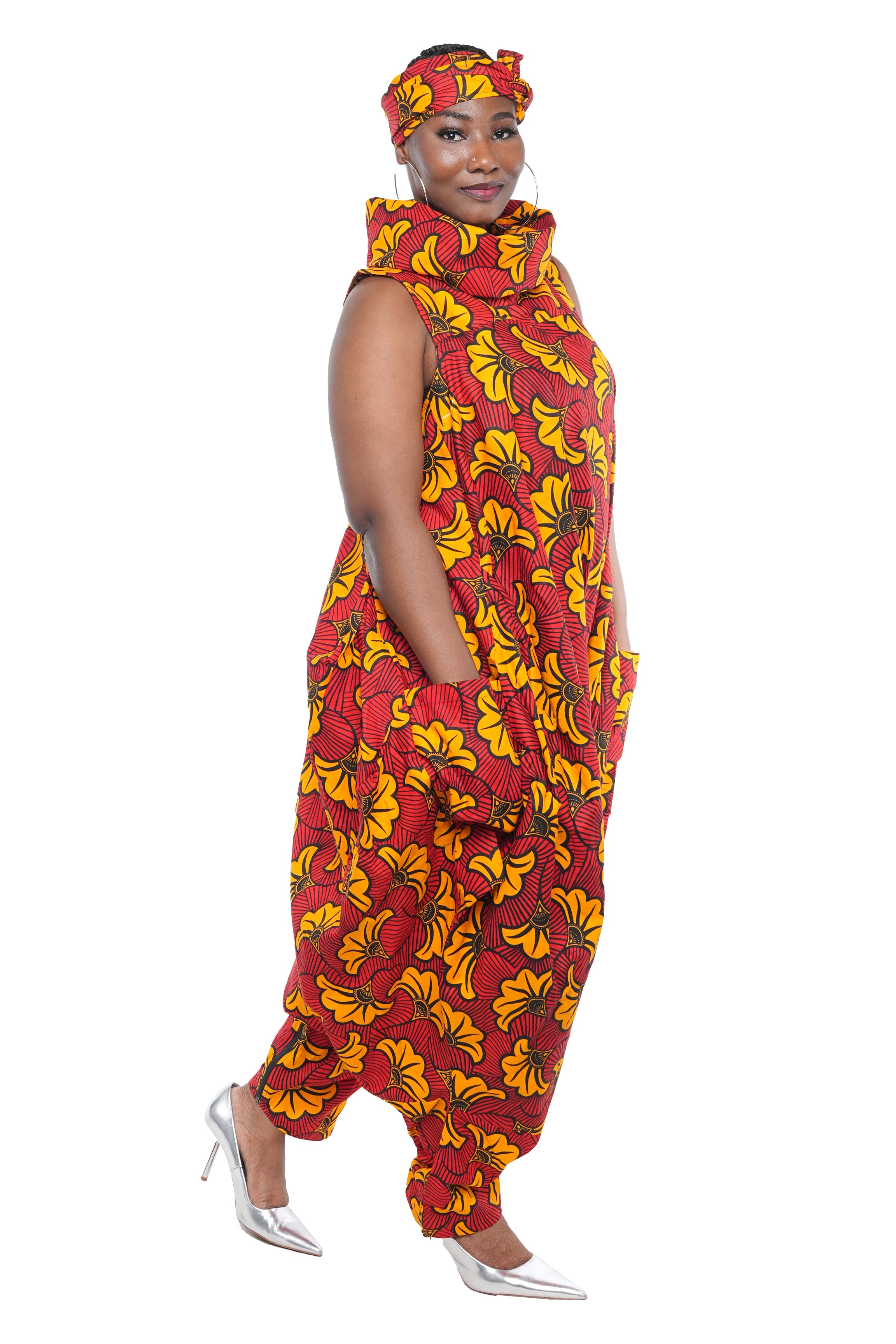 African Long High Neck Jumpsuit with Headwrap – 100% Cotton, Pockets