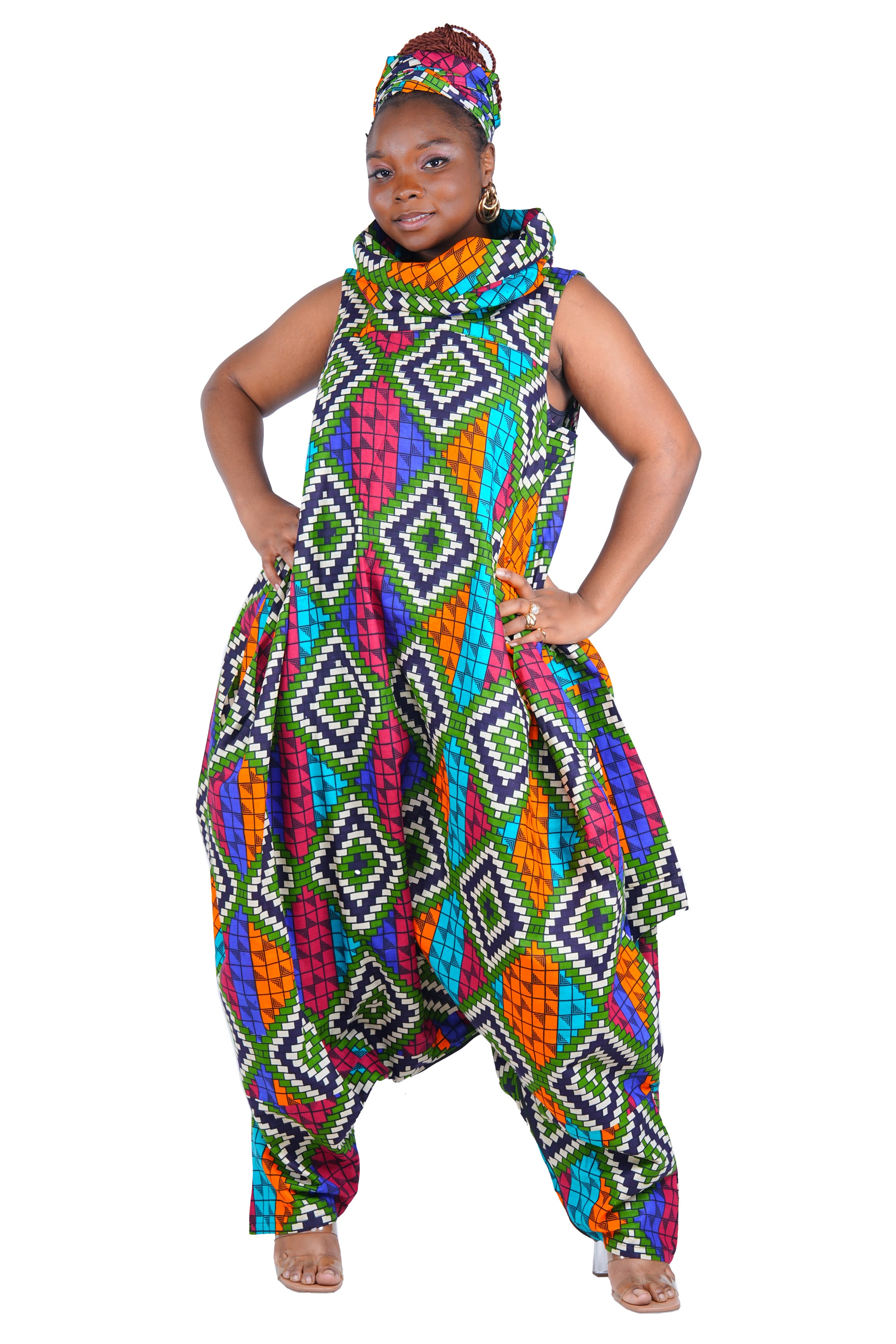 African Long High Neck Jumpsuit with Headwrap – 100% Cotton, Pockets