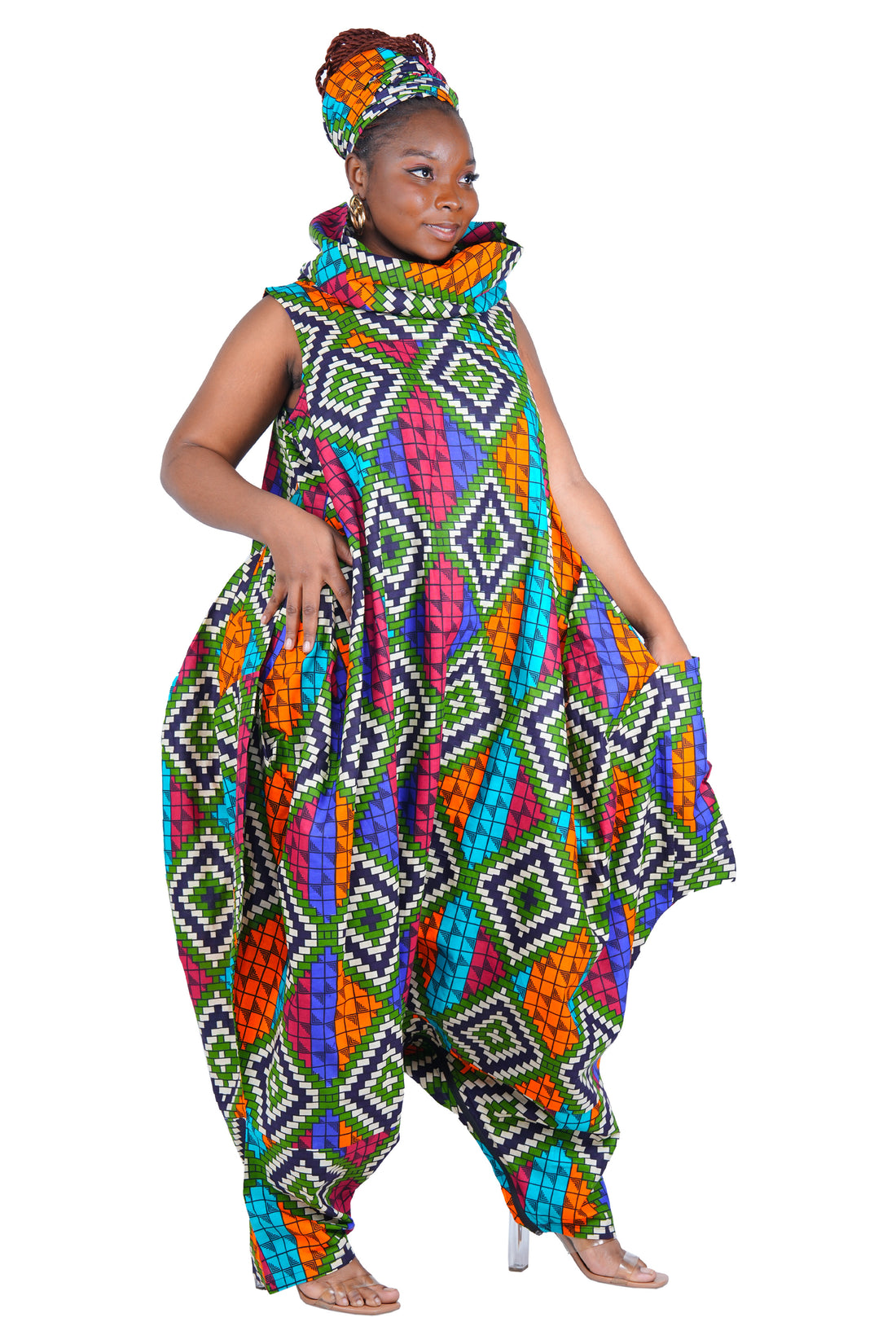 African Long High Neck Jumpsuit with Headwrap – 100% Cotton, Pockets
