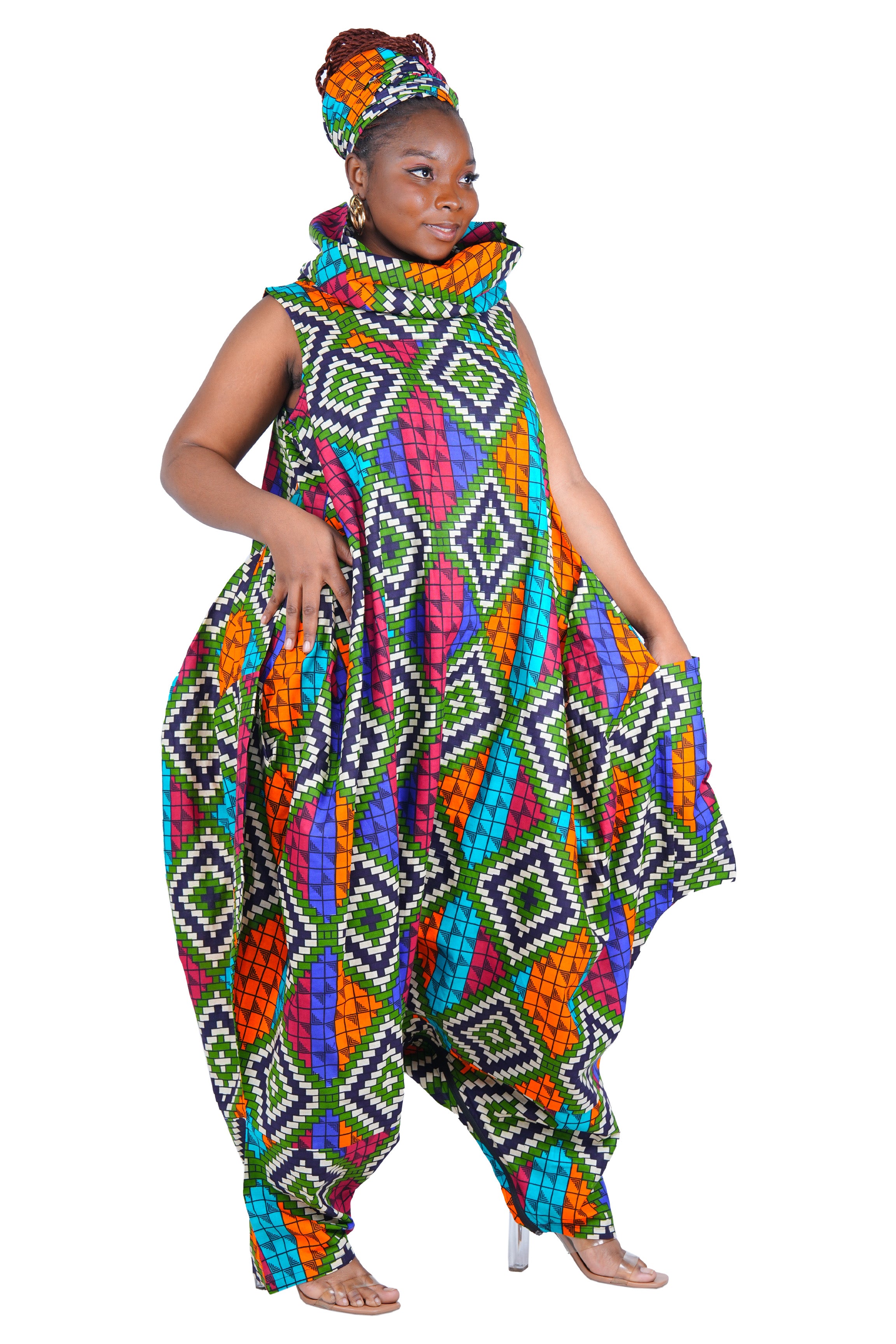 African Long High Neck Jumpsuit with Headwrap – 100% Cotton, Pockets