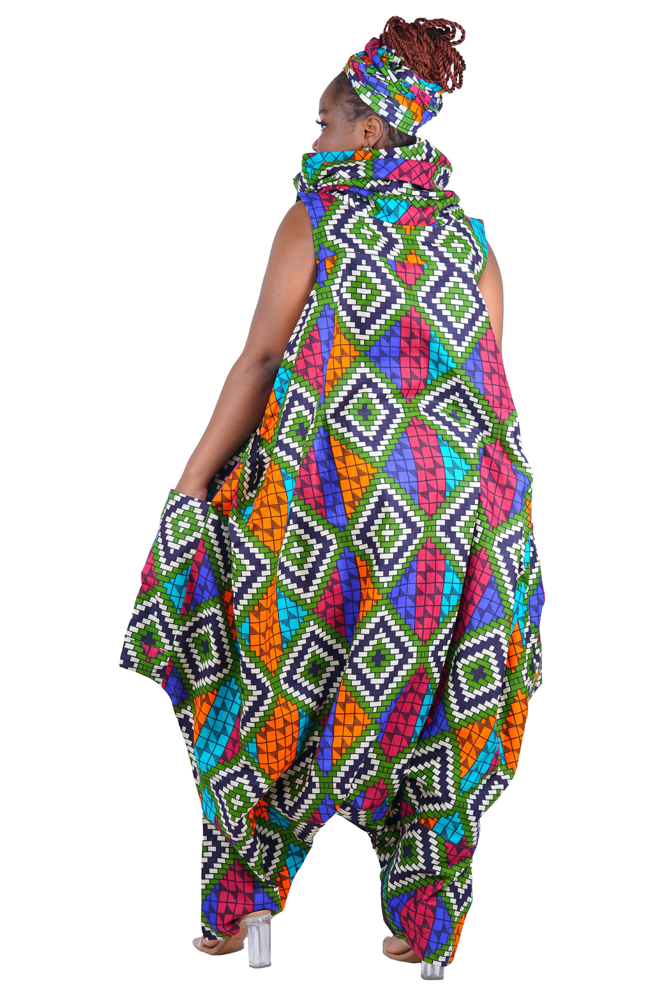 African Long High Neck Jumpsuit with Headwrap – 100% Cotton, Pockets