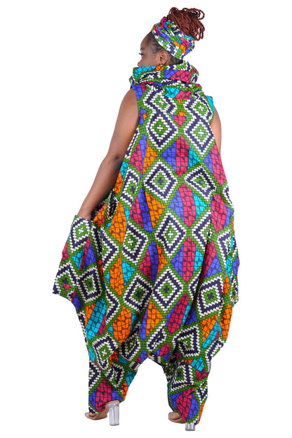 African Long High Neck Jumpsuit with Headwrap – 100% Cotton, Pockets