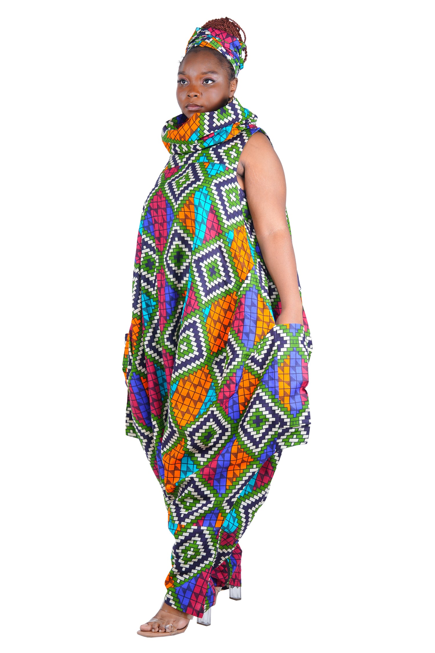 African Long High Neck Jumpsuit with Headwrap – 100% Cotton, Pockets
