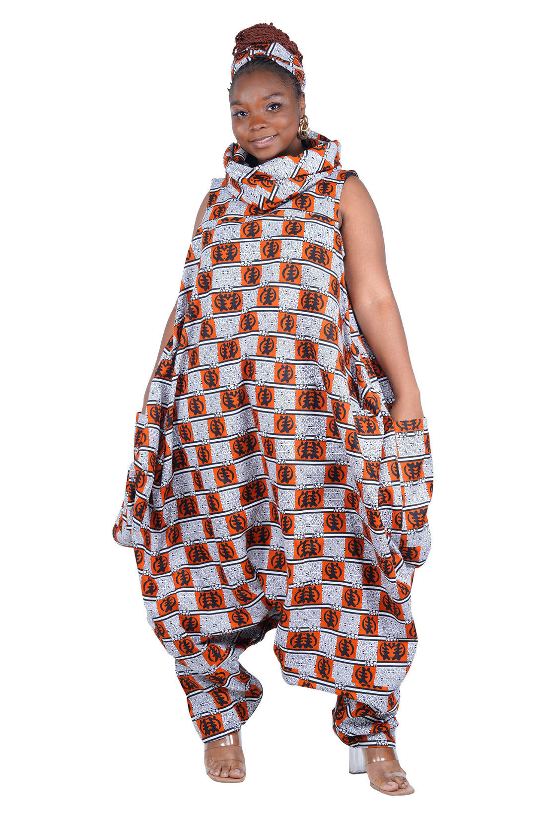 African Long High Neck Jumpsuit with Headwrap – 100% Cotton, Pockets