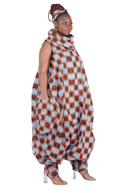 African Long High Neck Jumpsuit with Headwrap – 100% Cotton, Pockets