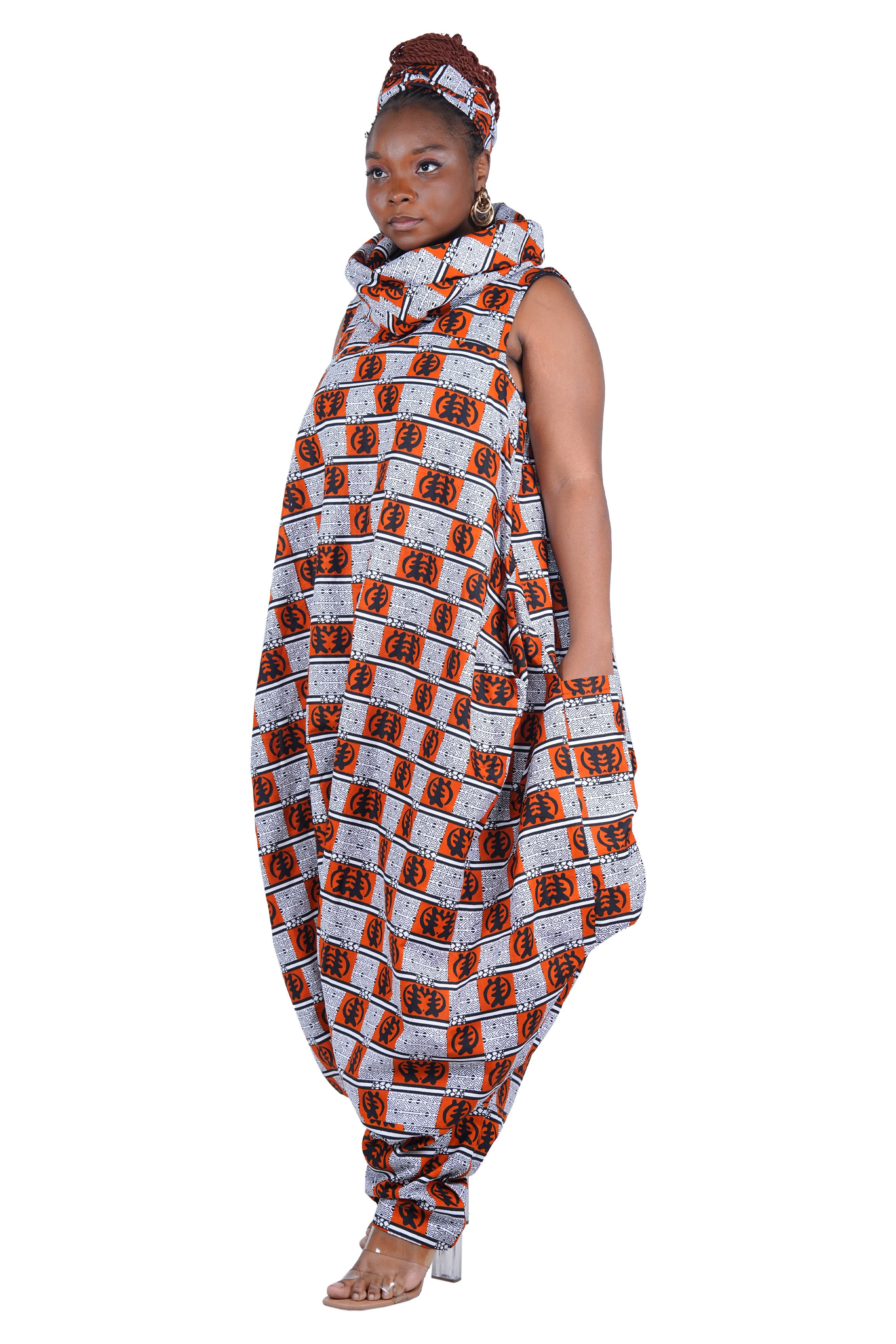 African Long High Neck Jumpsuit with Headwrap – 100% Cotton, Pockets