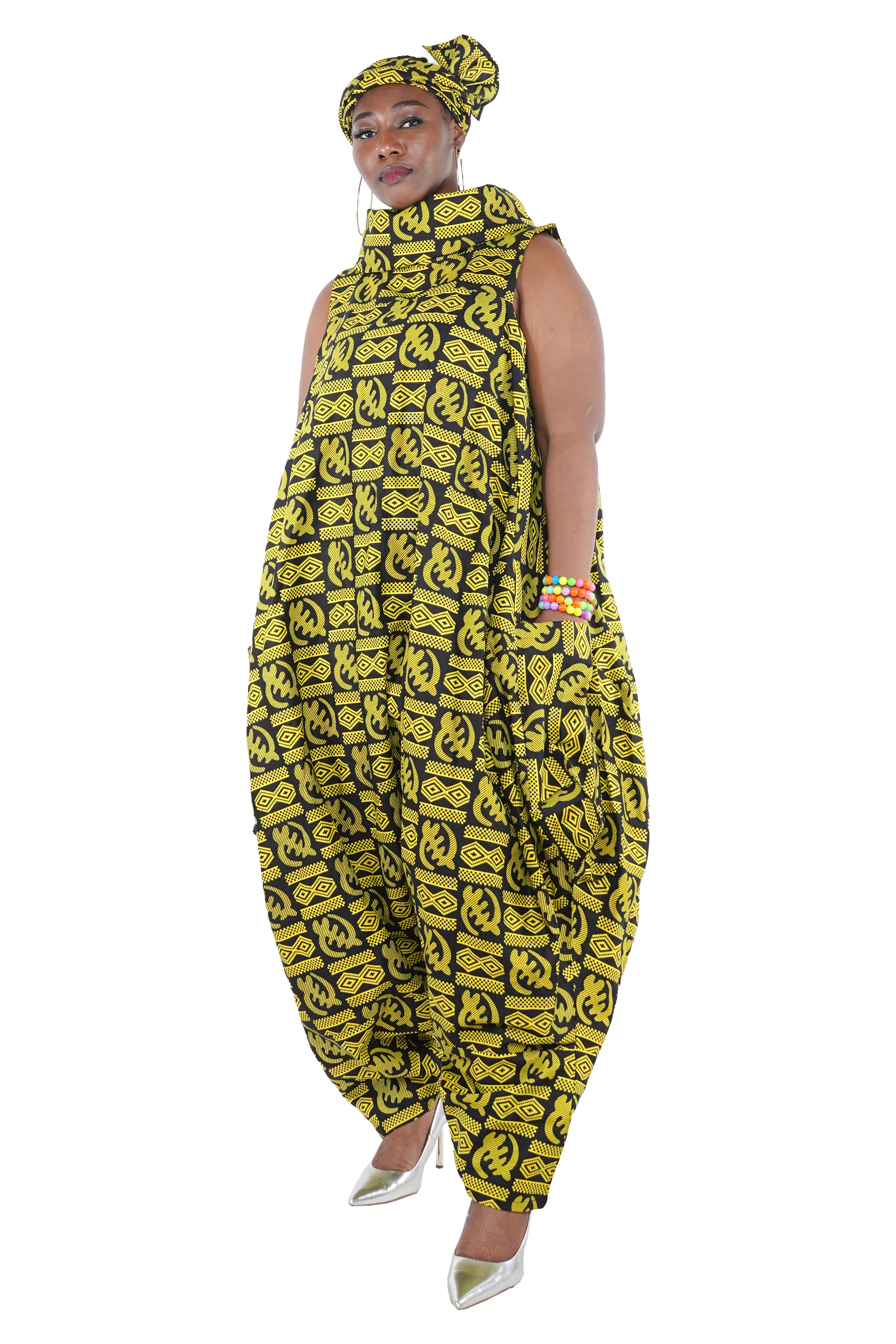 African Long High Neck Jumpsuit with Headwrap – 100% Cotton, Pockets