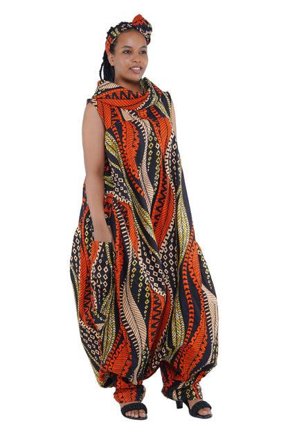African Long High Neck Jumpsuit with Headwrap – 100% Cotton, Pockets