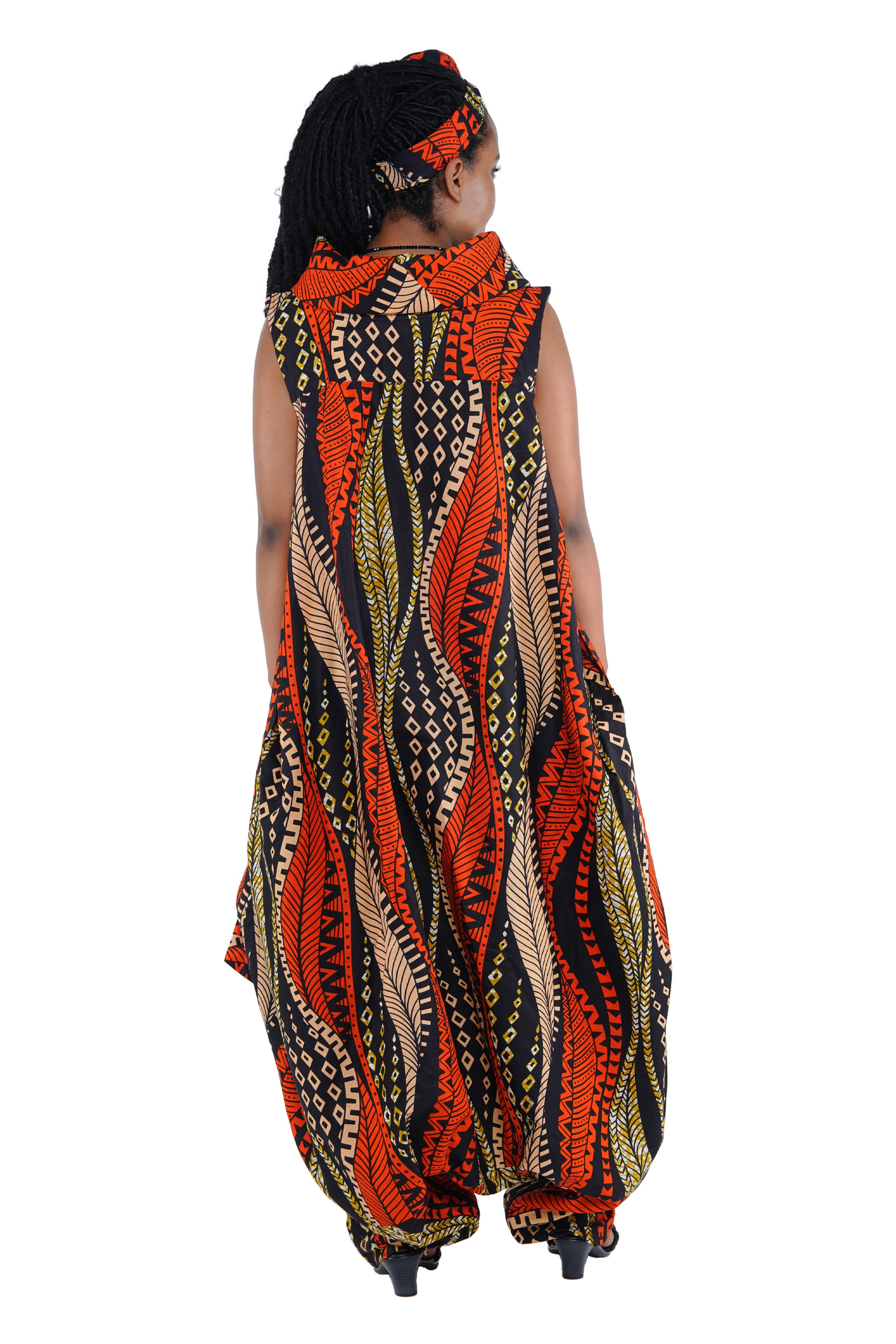 African Long High Neck Jumpsuit with Headwrap – 100% Cotton, Pockets