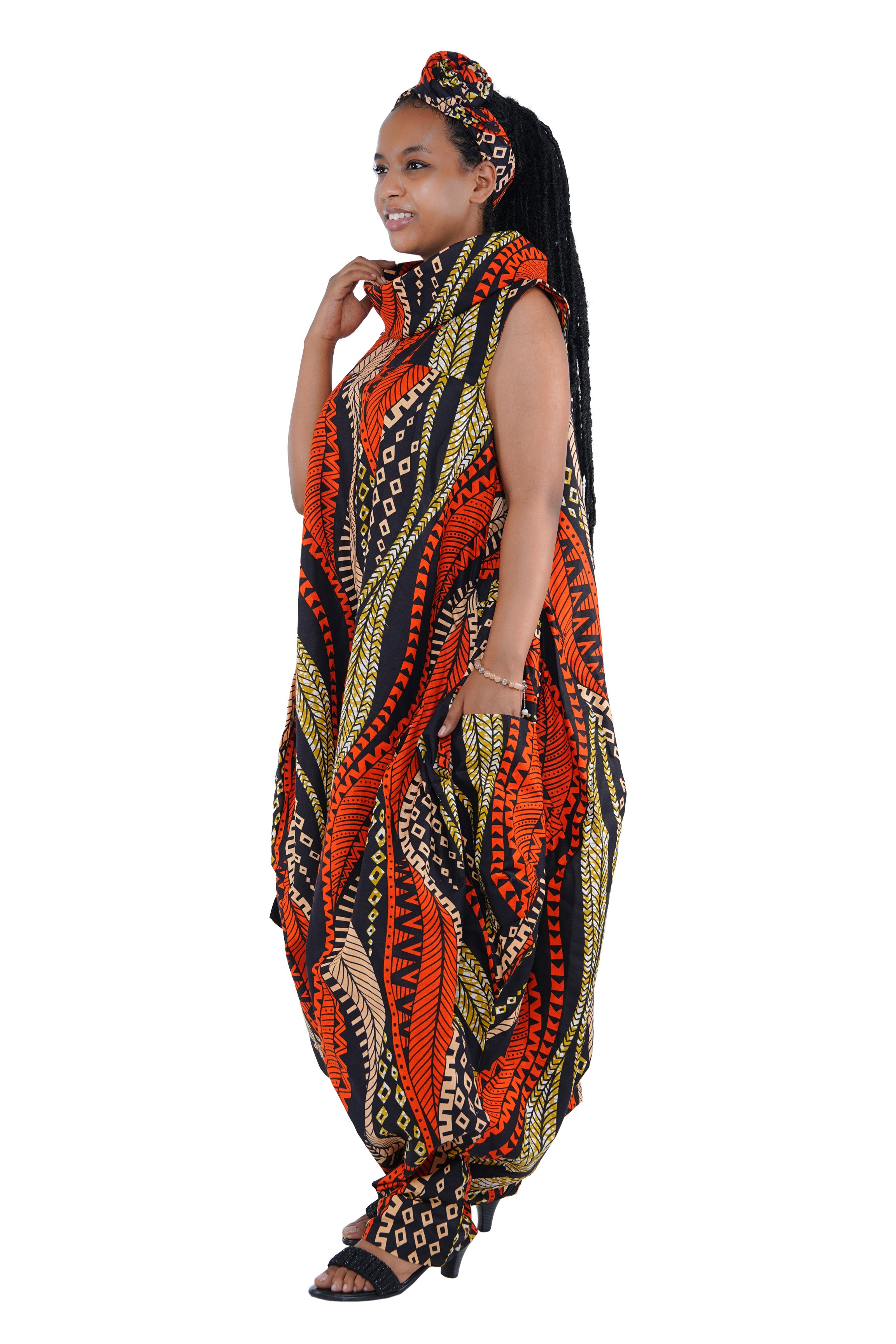 African Long High Neck Jumpsuit with Headwrap – 100% Cotton, Pockets