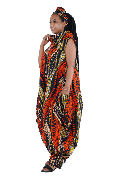 African Long High Neck Jumpsuit with Headwrap – 100% Cotton, Pockets