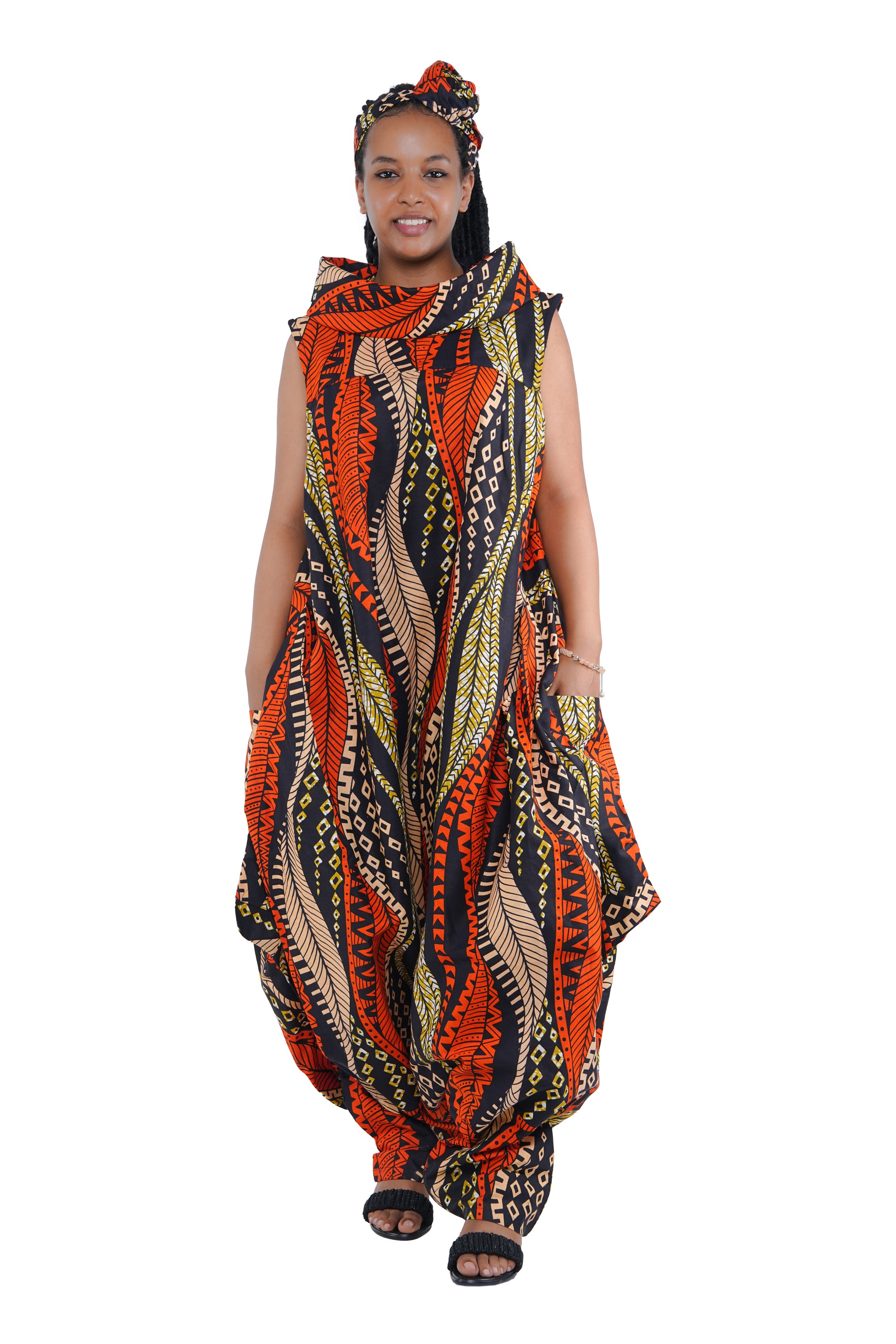 African Long High Neck Jumpsuit with Headwrap – 100% Cotton, Pockets