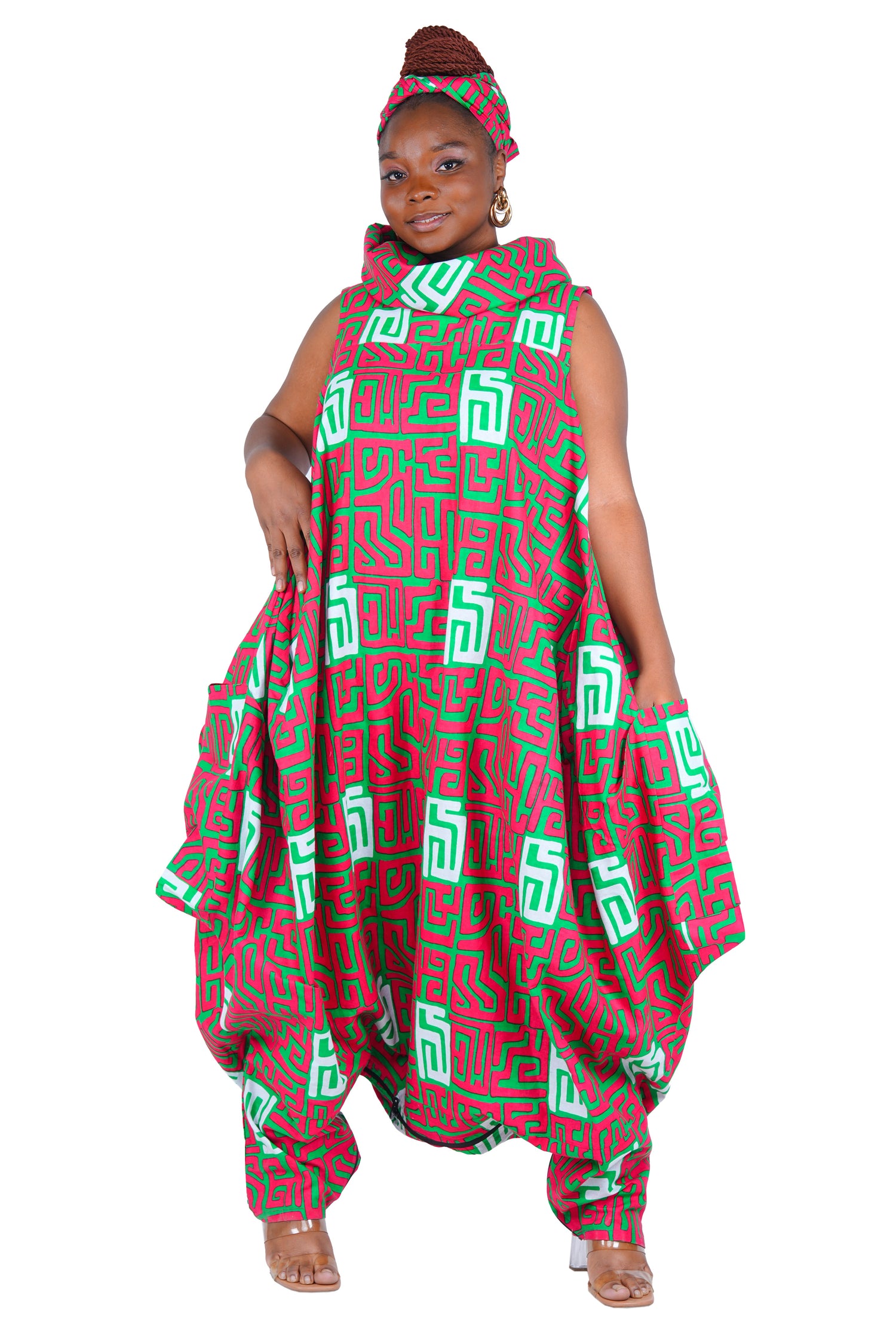 African Long High Neck Jumpsuit with Headwrap – 100% Cotton, Pockets