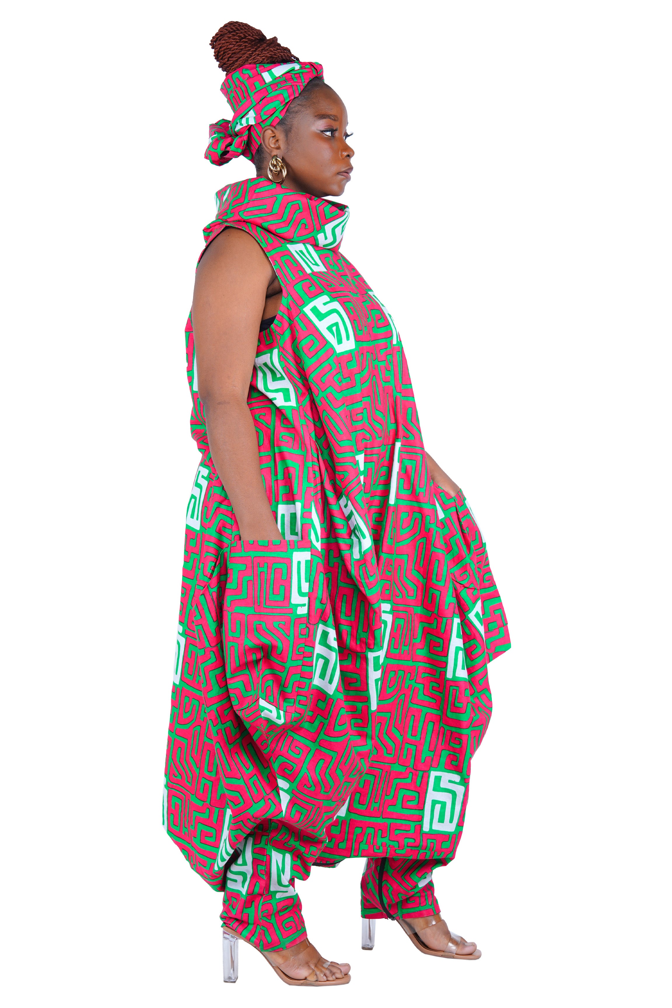 African Long High Neck Jumpsuit with Headwrap – 100% Cotton, Pockets