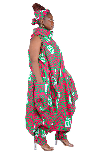 African Long High Neck Jumpsuit with Headwrap – 100% Cotton, Pockets