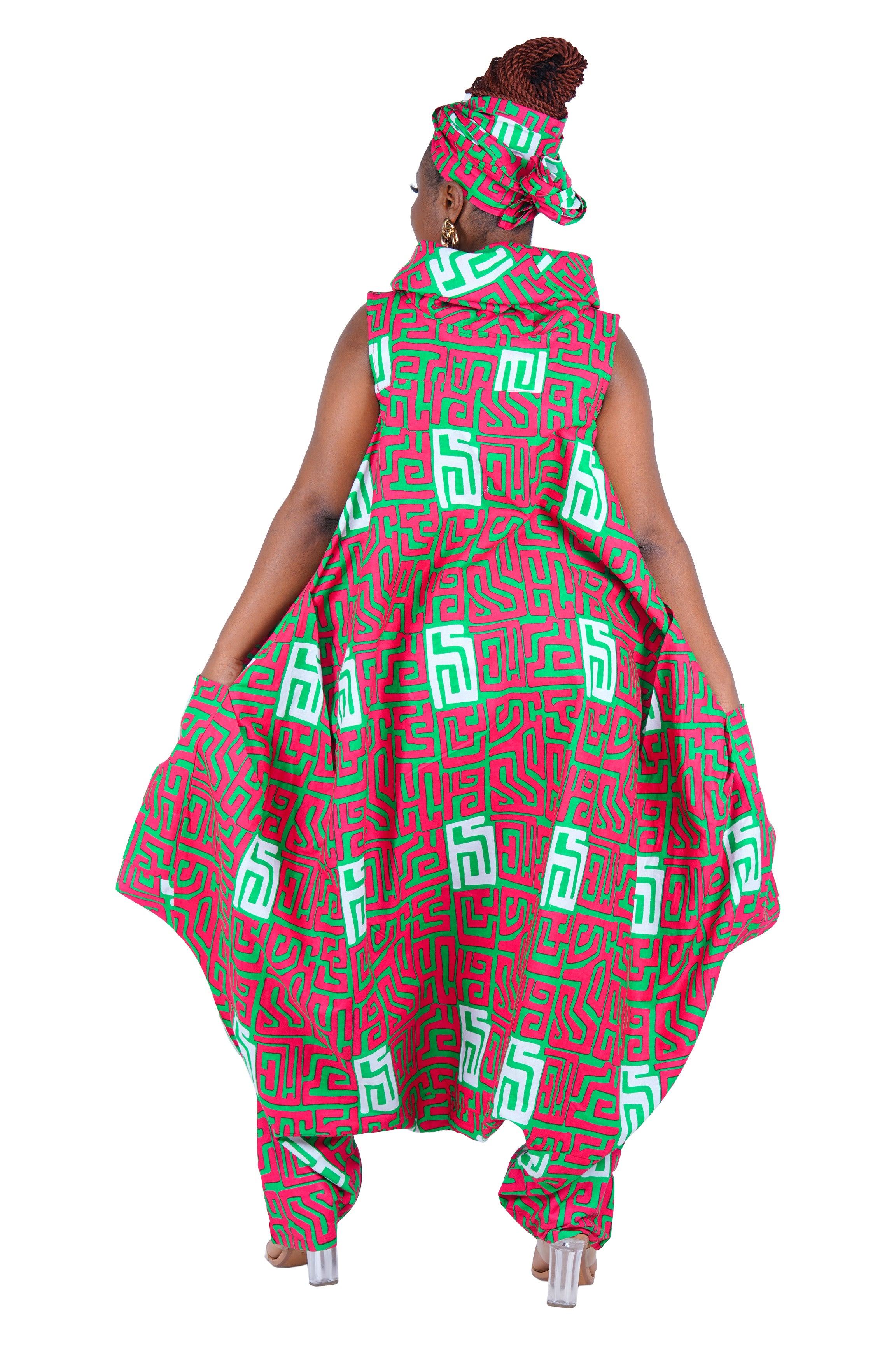 African Long High Neck Jumpsuit with Headwrap – 100% Cotton, Pockets