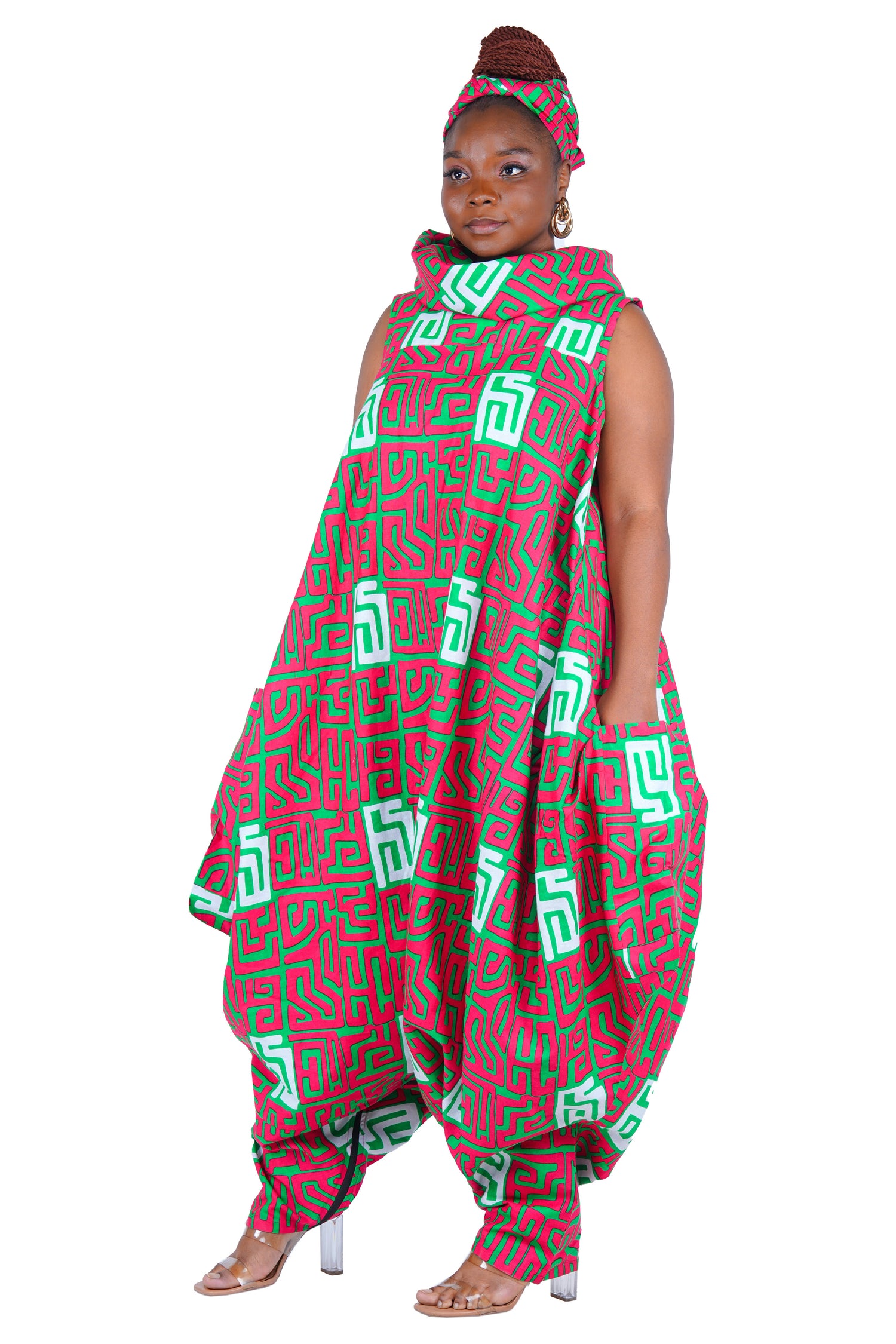 African Long High Neck Jumpsuit with Headwrap – 100% Cotton, Pockets