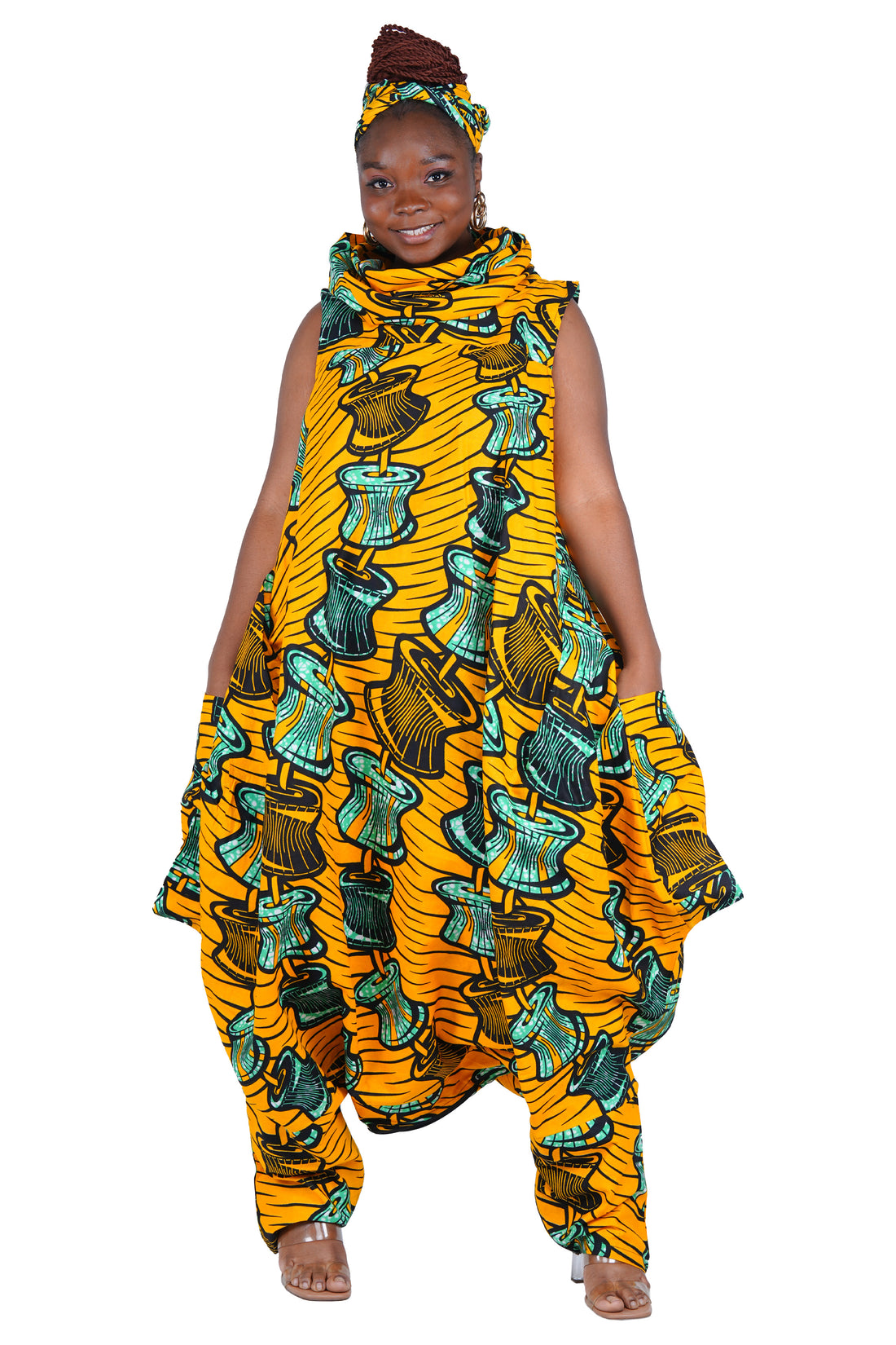African Long High Neck Jumpsuit with Headwrap – 100% Cotton, Pockets