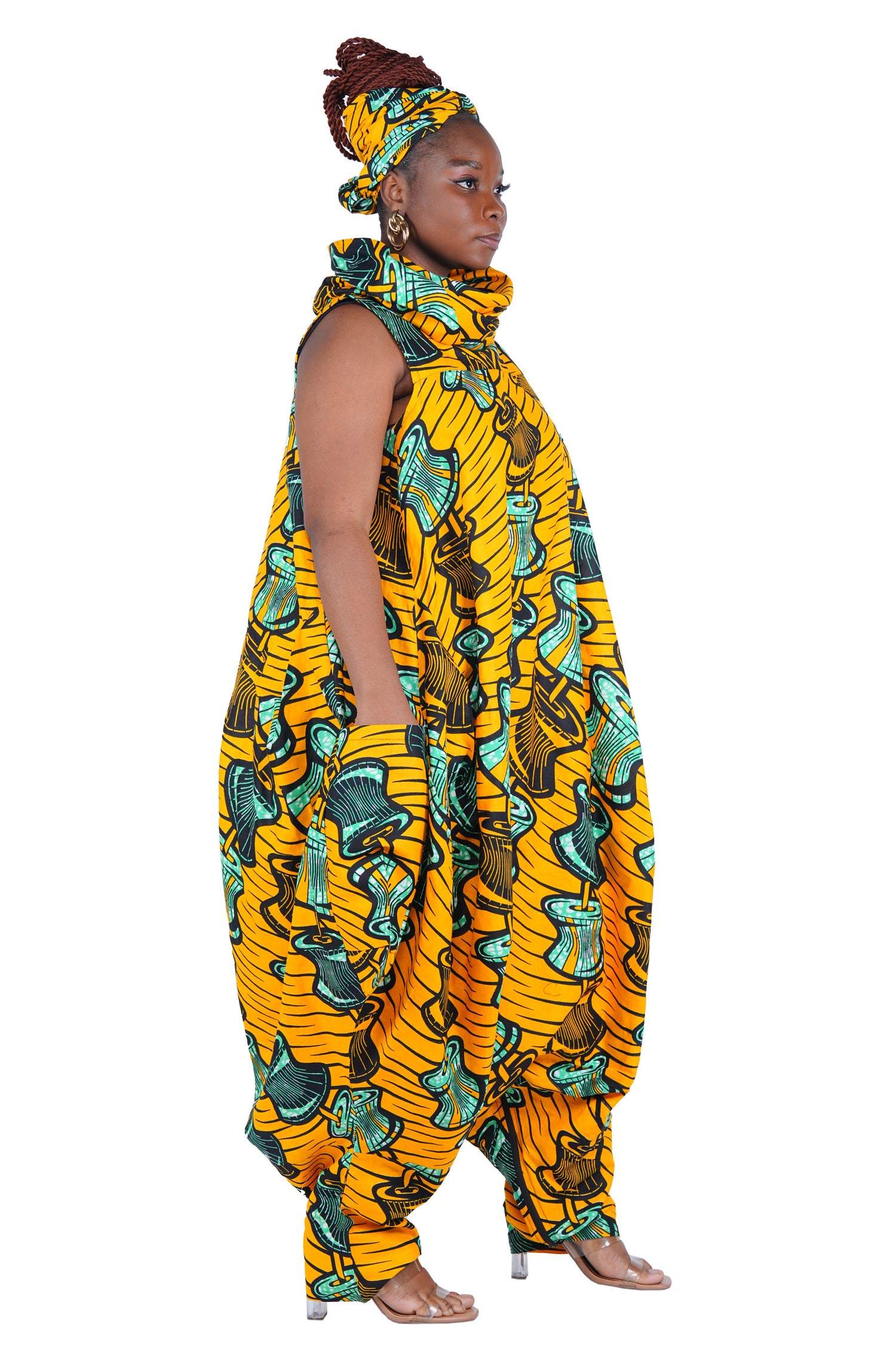 African Long High Neck Jumpsuit with Headwrap – 100% Cotton, Pockets